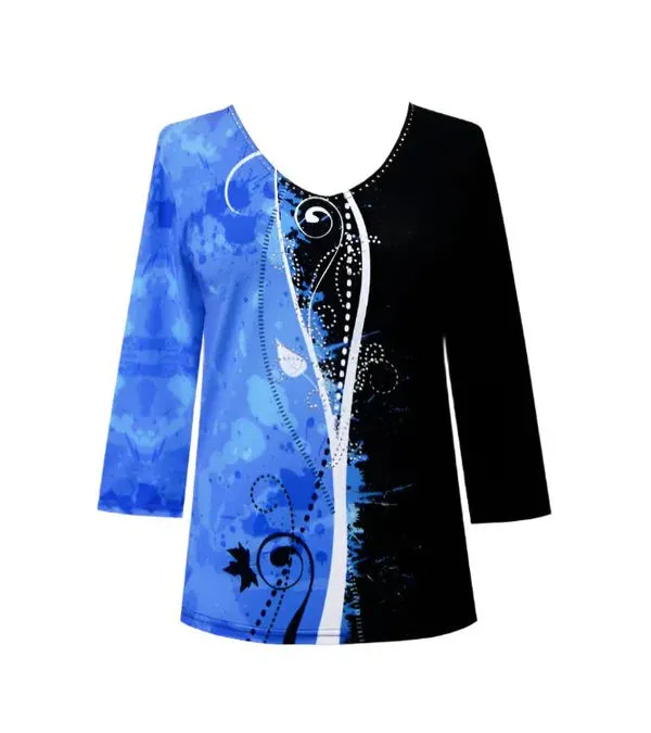 010- Valentina Ascent Royal Blue, Black & White Print V-Neck Top