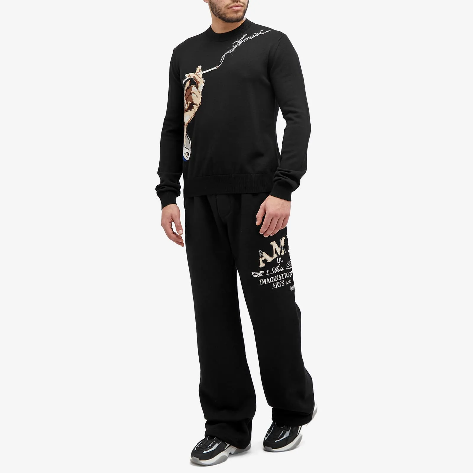 Amiri Smoke Logo Intarsia Crew Sweater, black