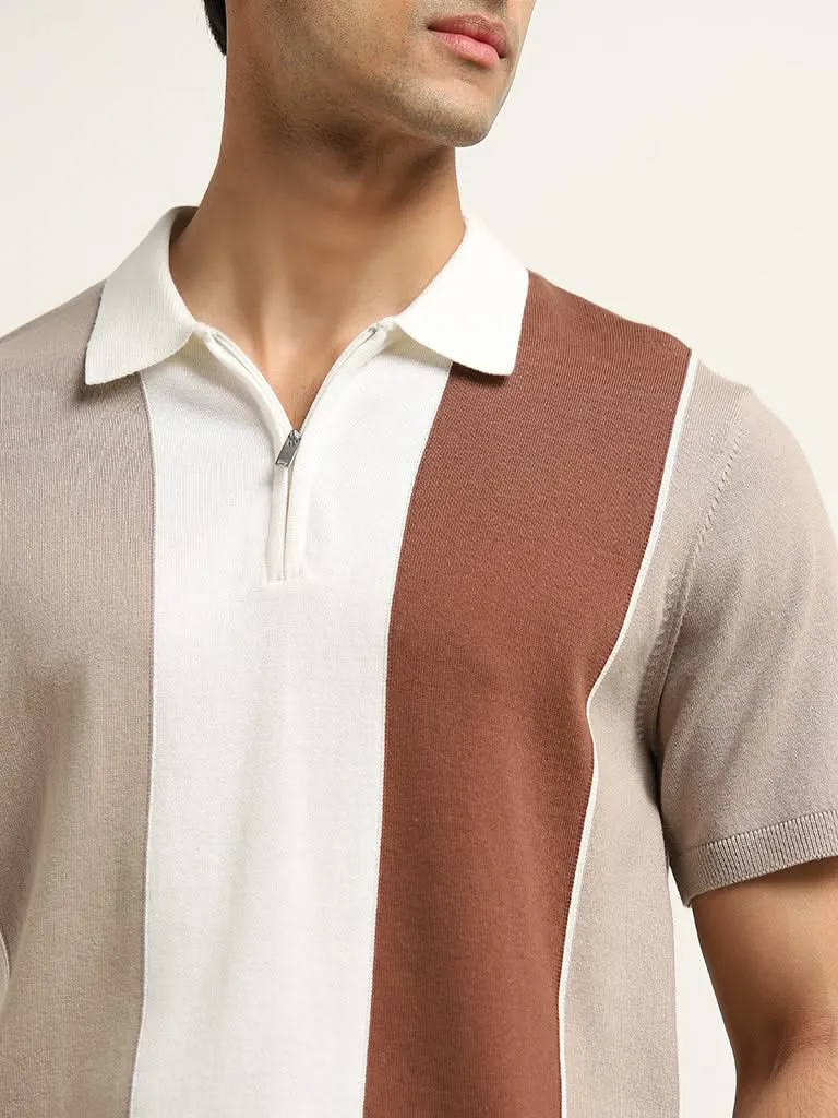 Ascot Light Taupe Colour-Blocked Relaxed Fit T-Shirt