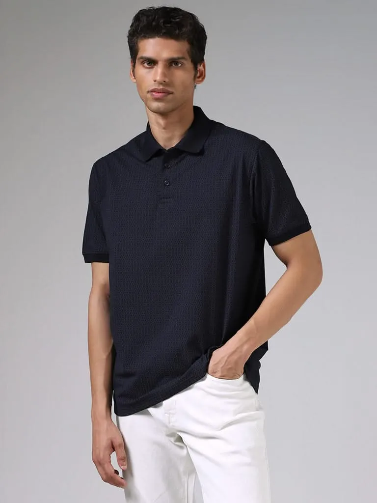 Ascot Navy Printed Cotton Blend Relaxed-Fit Polo T-Shirt