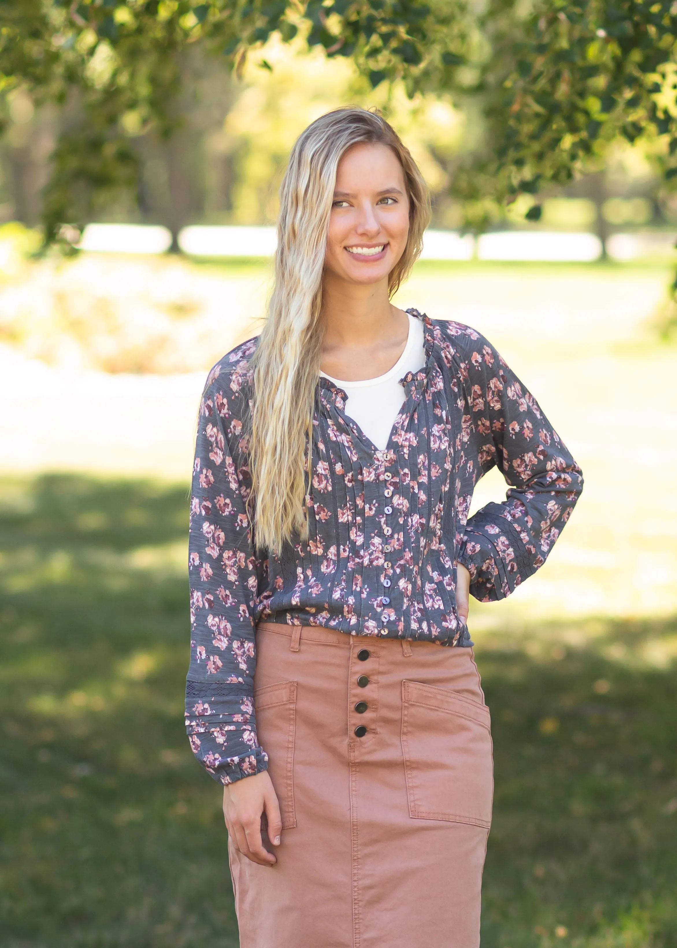 Balloon Sleeve Floral V-Neck Top - FINAL SALE