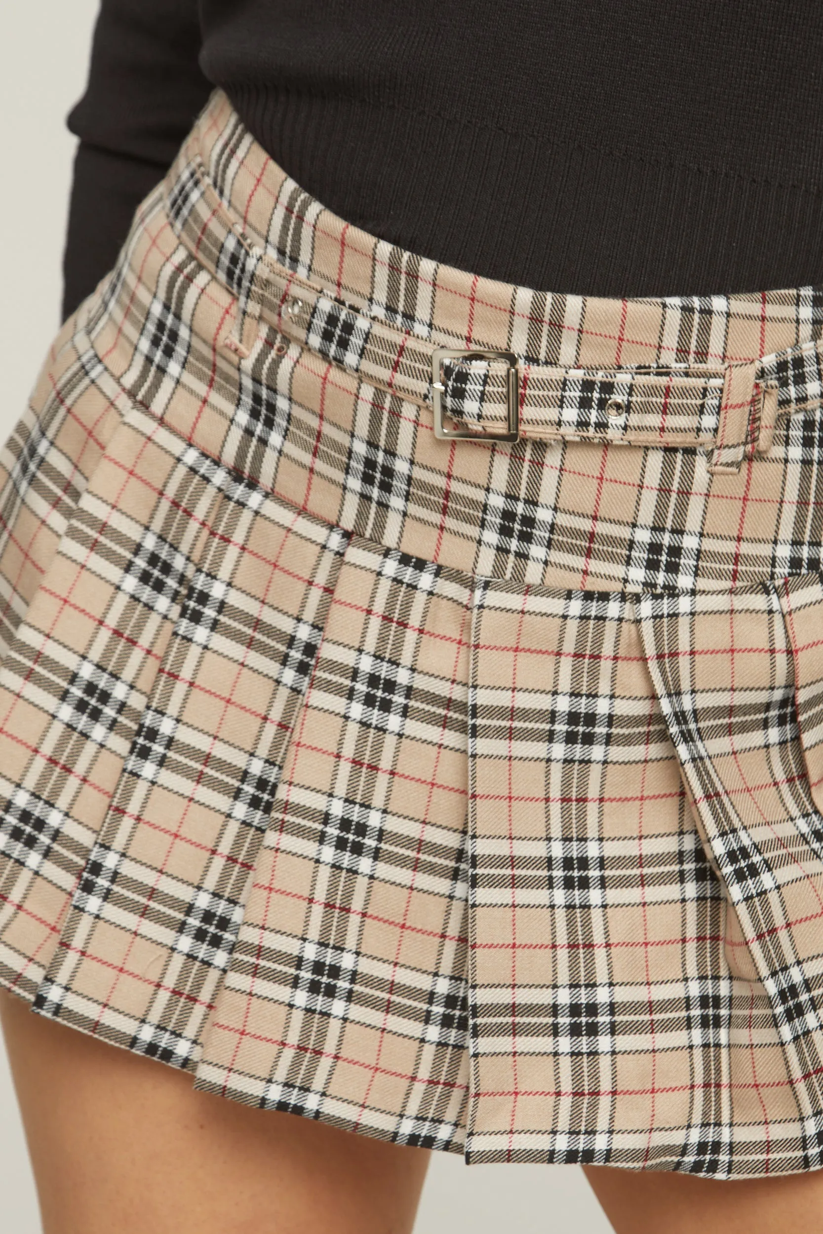 Beige Check Print Belt Detail Pleated Mini Skirt - Esraa