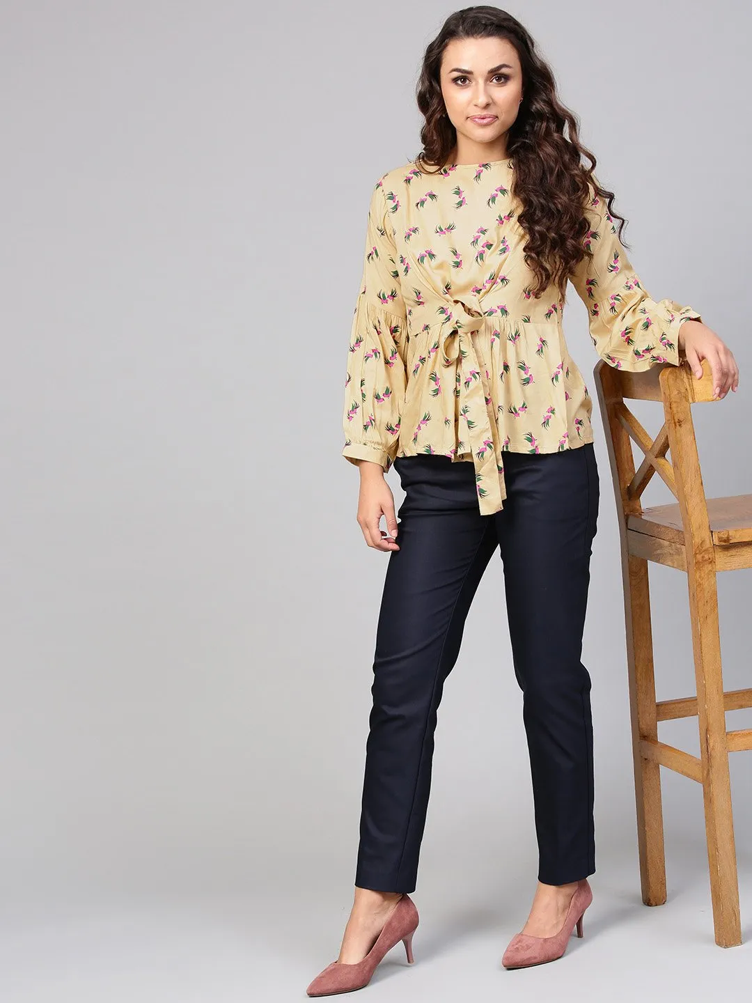 Beige Multi Colored Printed Knot Style Top With Round Neck