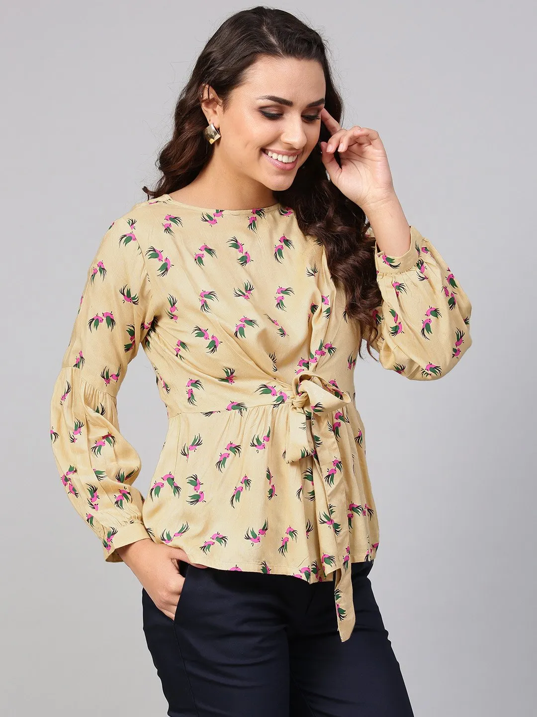 Beige Multi Colored Printed Knot Style Top With Round Neck