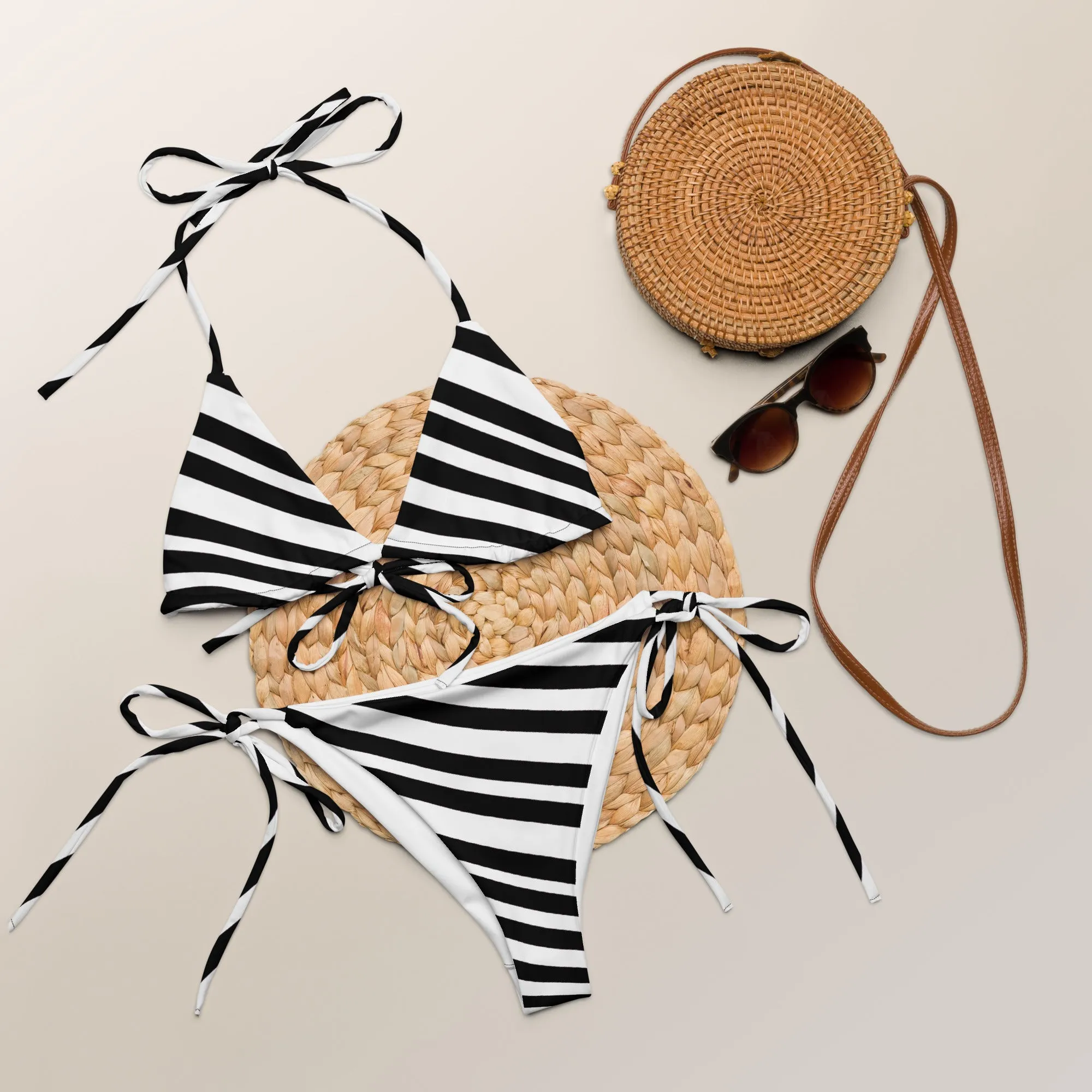 Best Diagonally Striped Bikini Set, 2 pc Recycled String Bikini Set For Women - Made in USA/EU/MX  (US Size: 2XL-6XL)