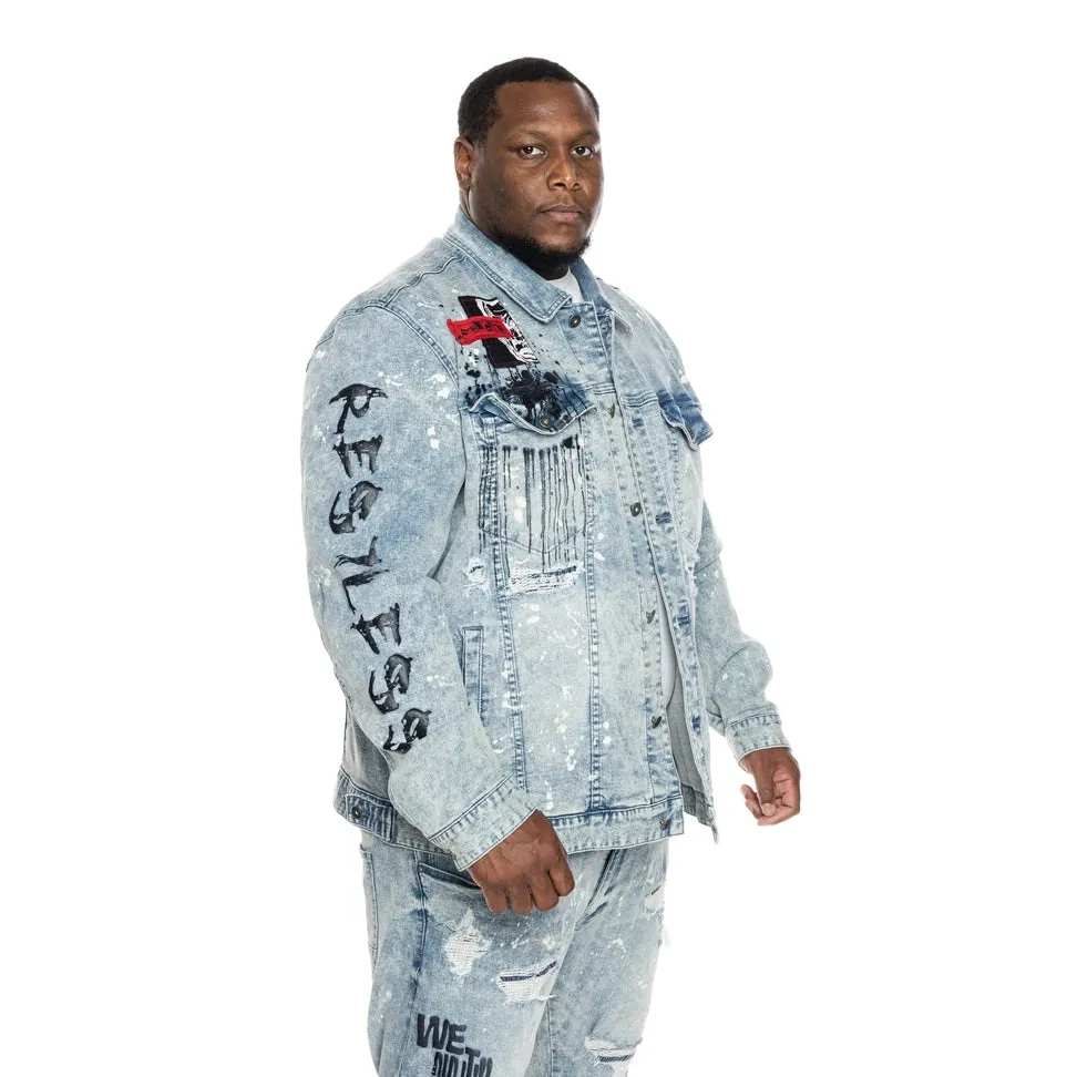 Big and Tall Graphic Patched Fashion Jean Jacket - Mizu Blue