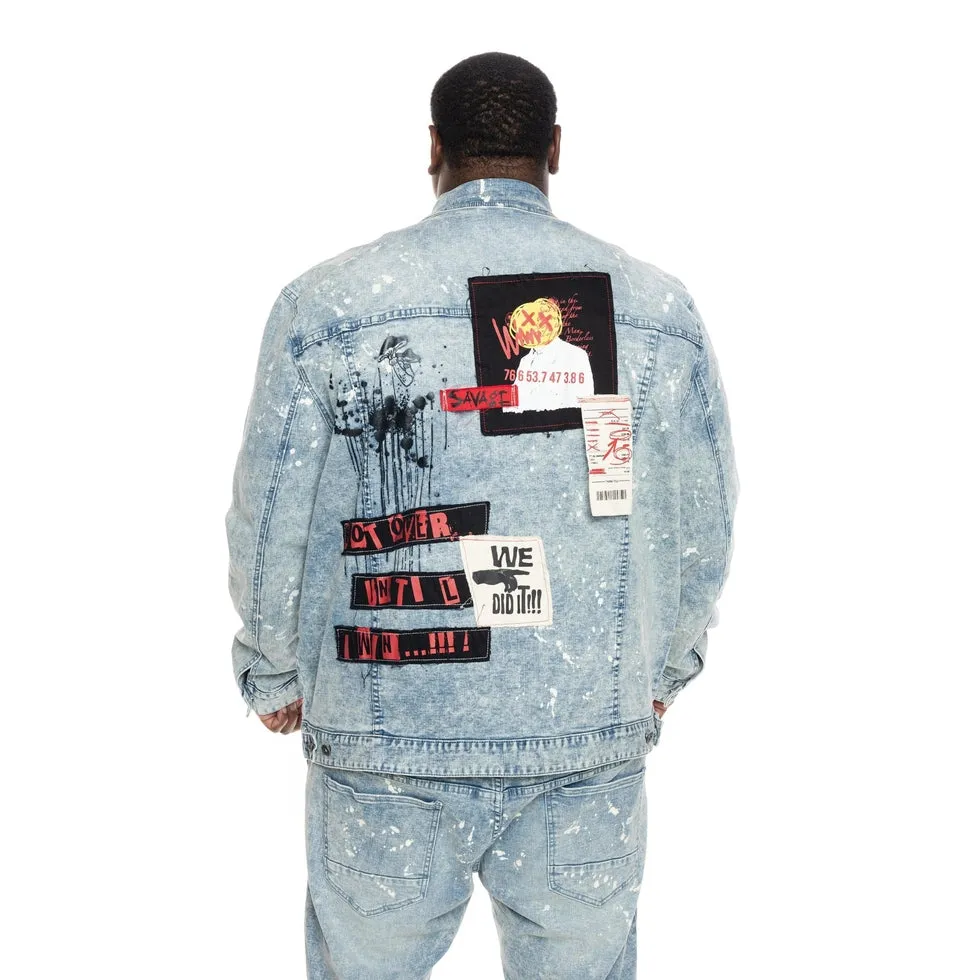 Big and Tall Graphic Patched Fashion Jean Jacket - Mizu Blue