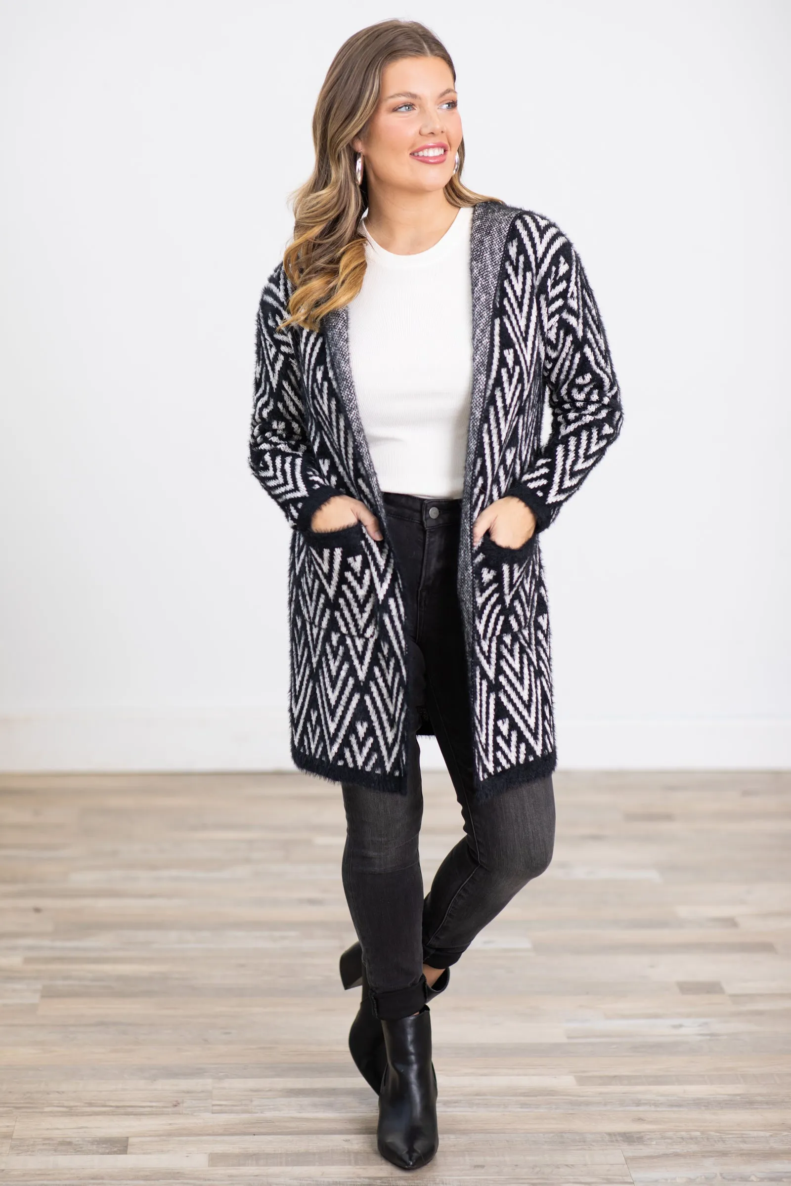 Black and White Aztec Print Hooded Cardigan