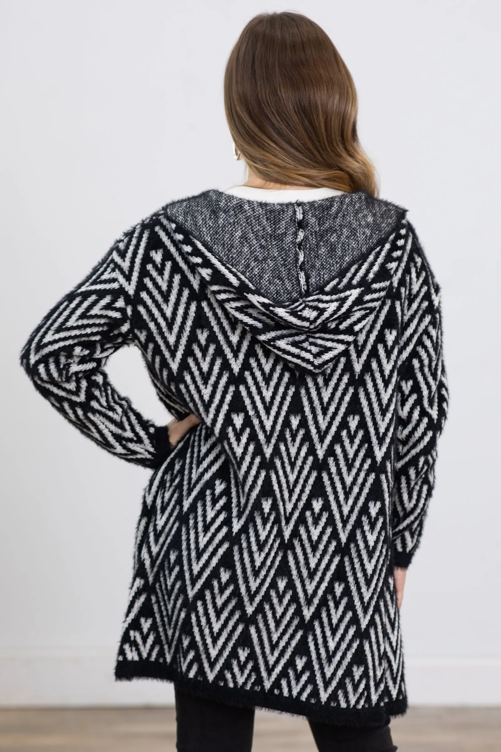 Black and White Aztec Print Hooded Cardigan