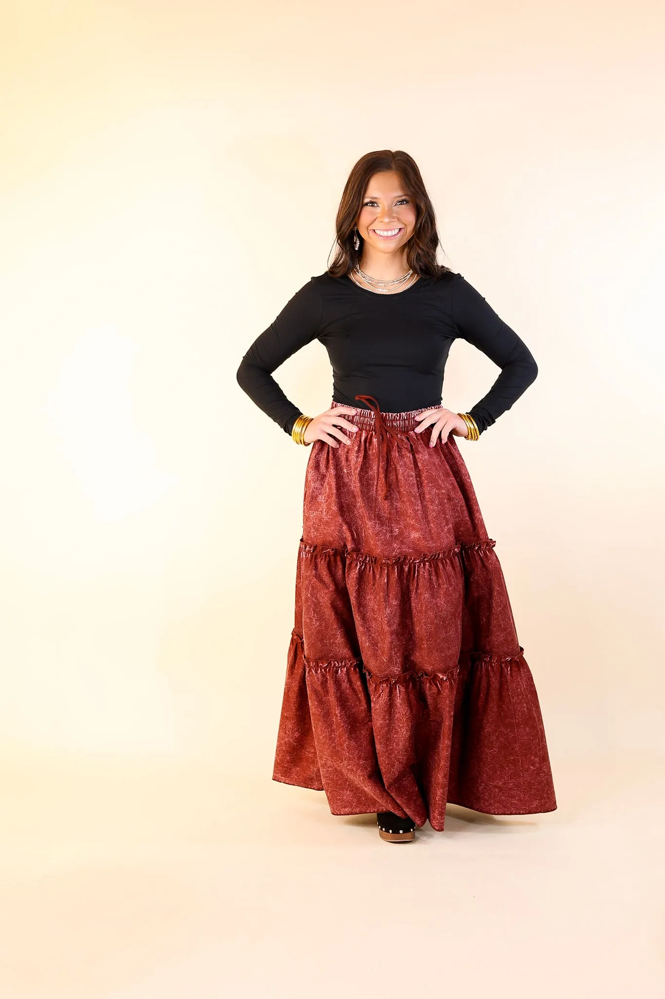 Boho Bliss Acid Wash Tiered Ruffle Maxi Skirt in Dark Rusted Red