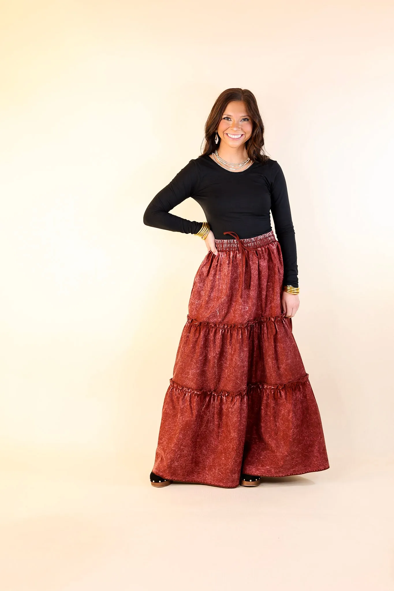 Boho Bliss Acid Wash Tiered Ruffle Maxi Skirt in Dark Rusted Red