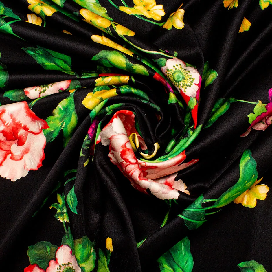 Bold Floral Printed Black Double Crêpe Silk Satin