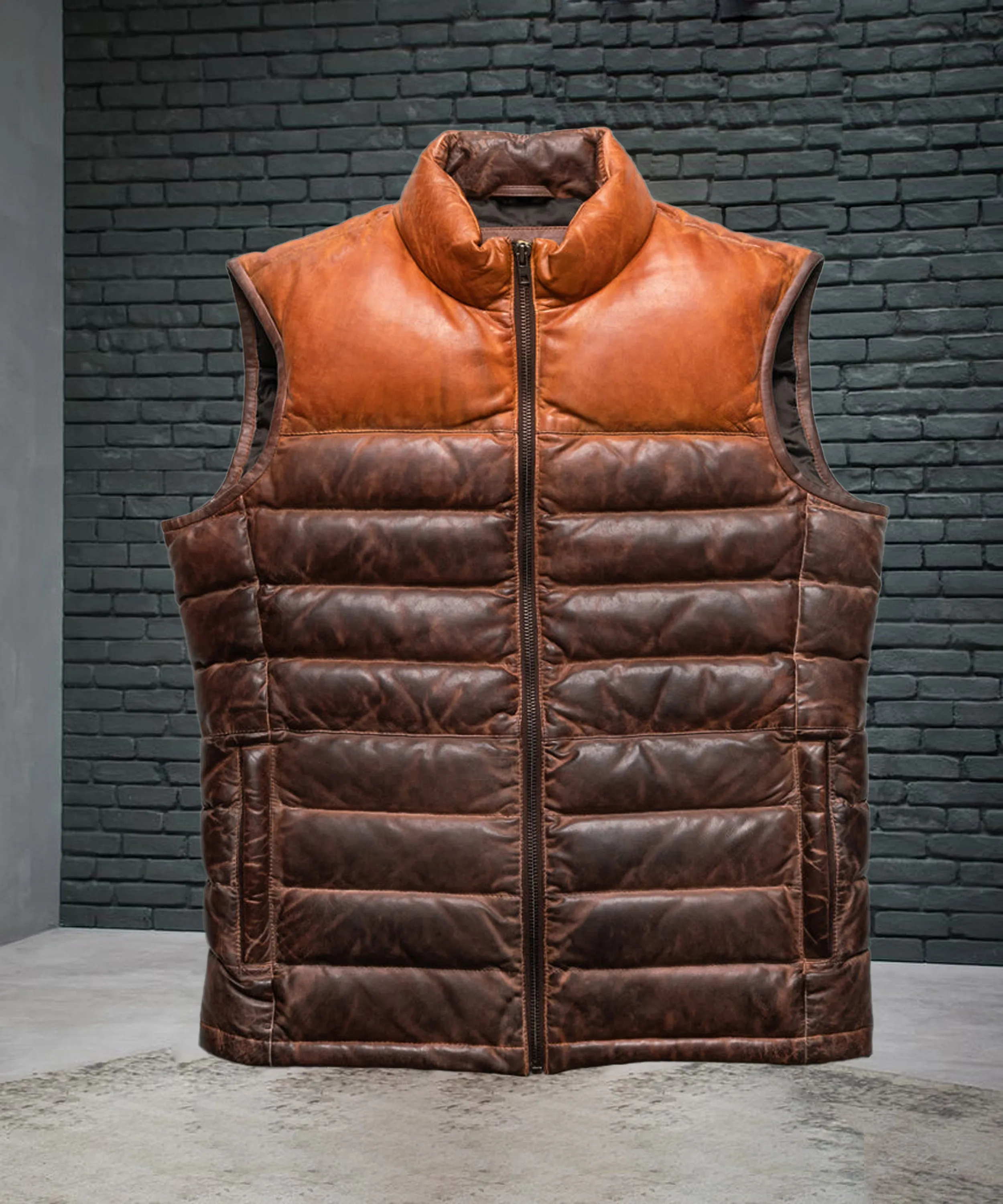 Brown Leather Puffer Vest