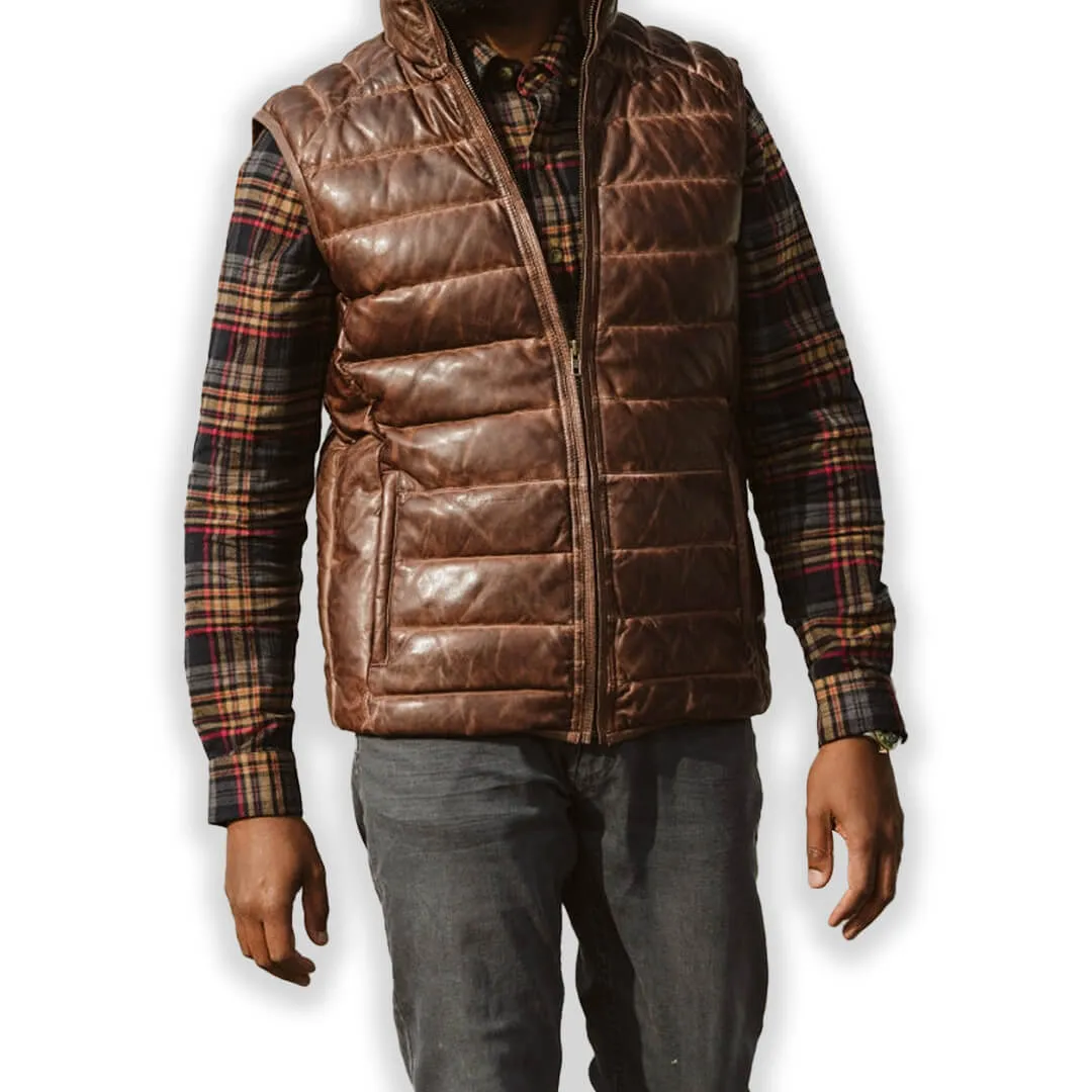 Brown Leather Puffer Vest