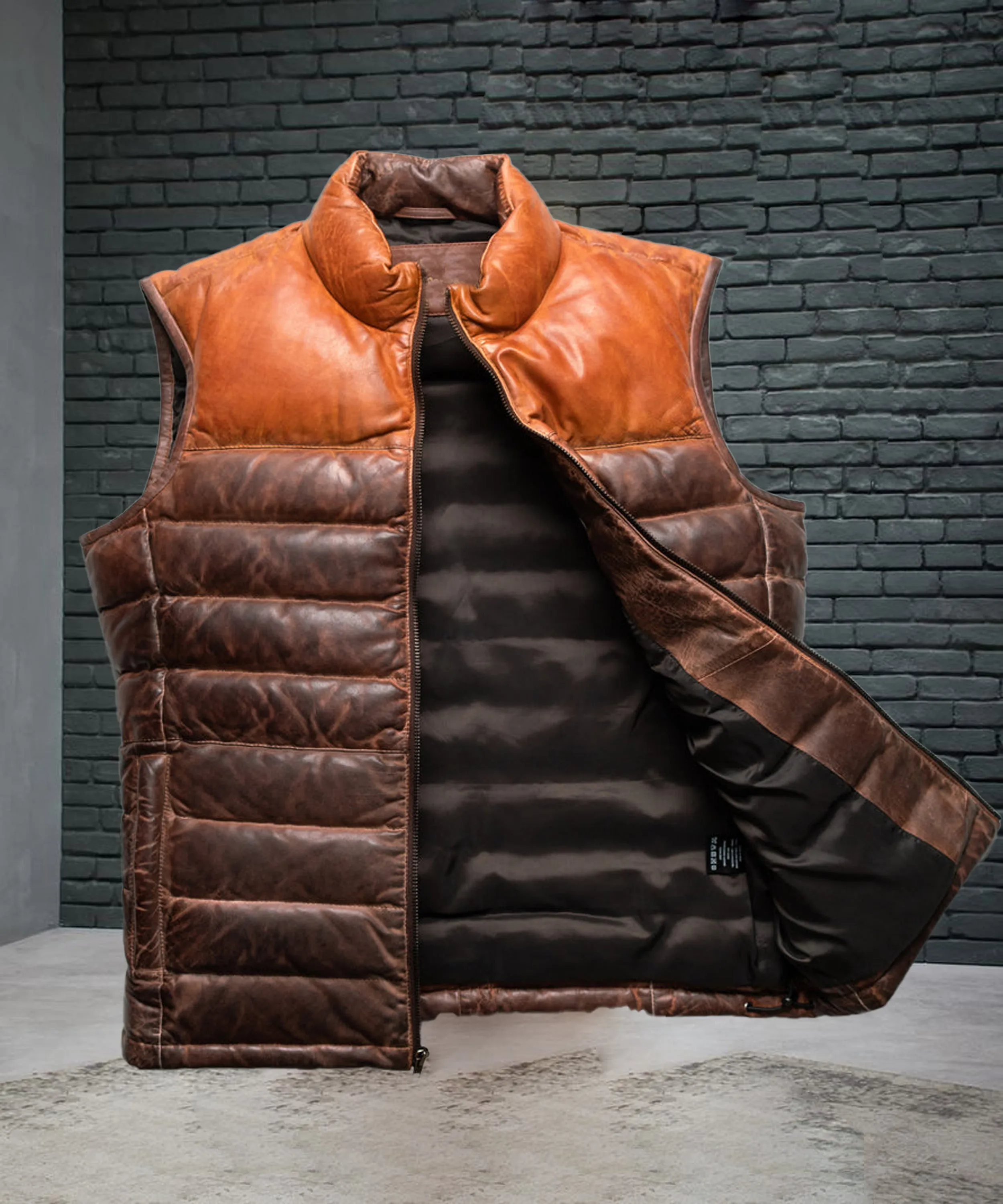 Brown Leather Puffer Vest