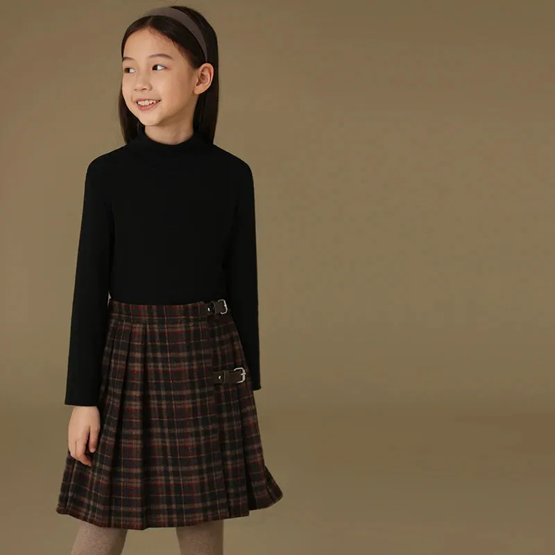 Children's Retro Plaid Wool Casual Thick Pleated Autumn Winter School Skirt