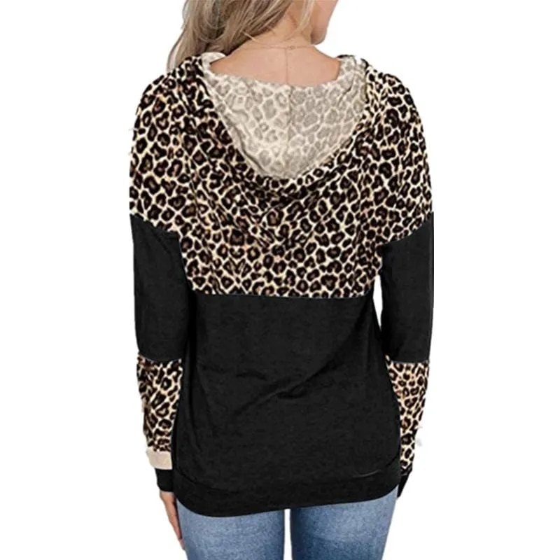 Color Block Leopard Print Hoodie