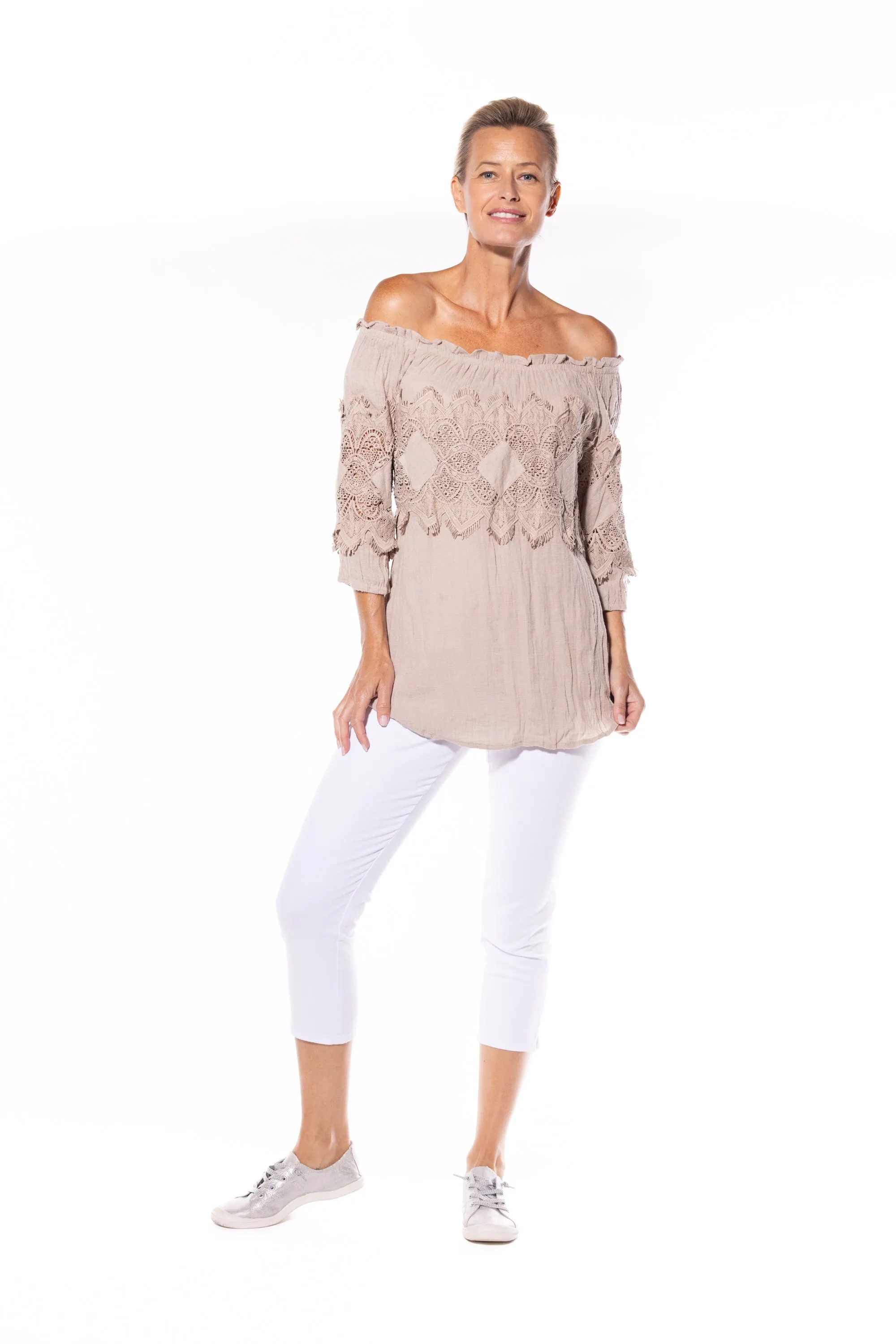 Cotton Peasant Top by Café Latte - Natural