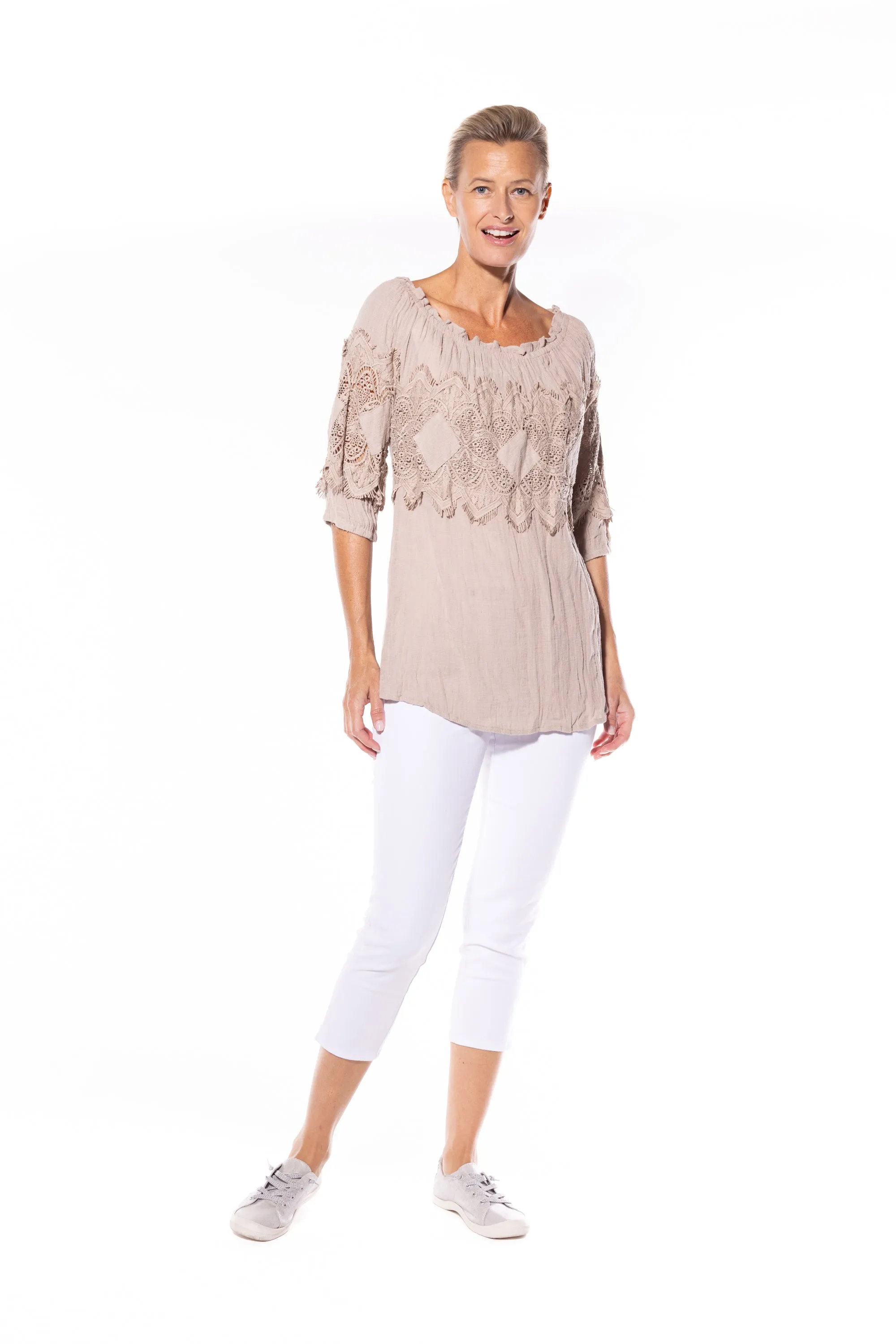 Cotton Peasant Top by Café Latte - Natural