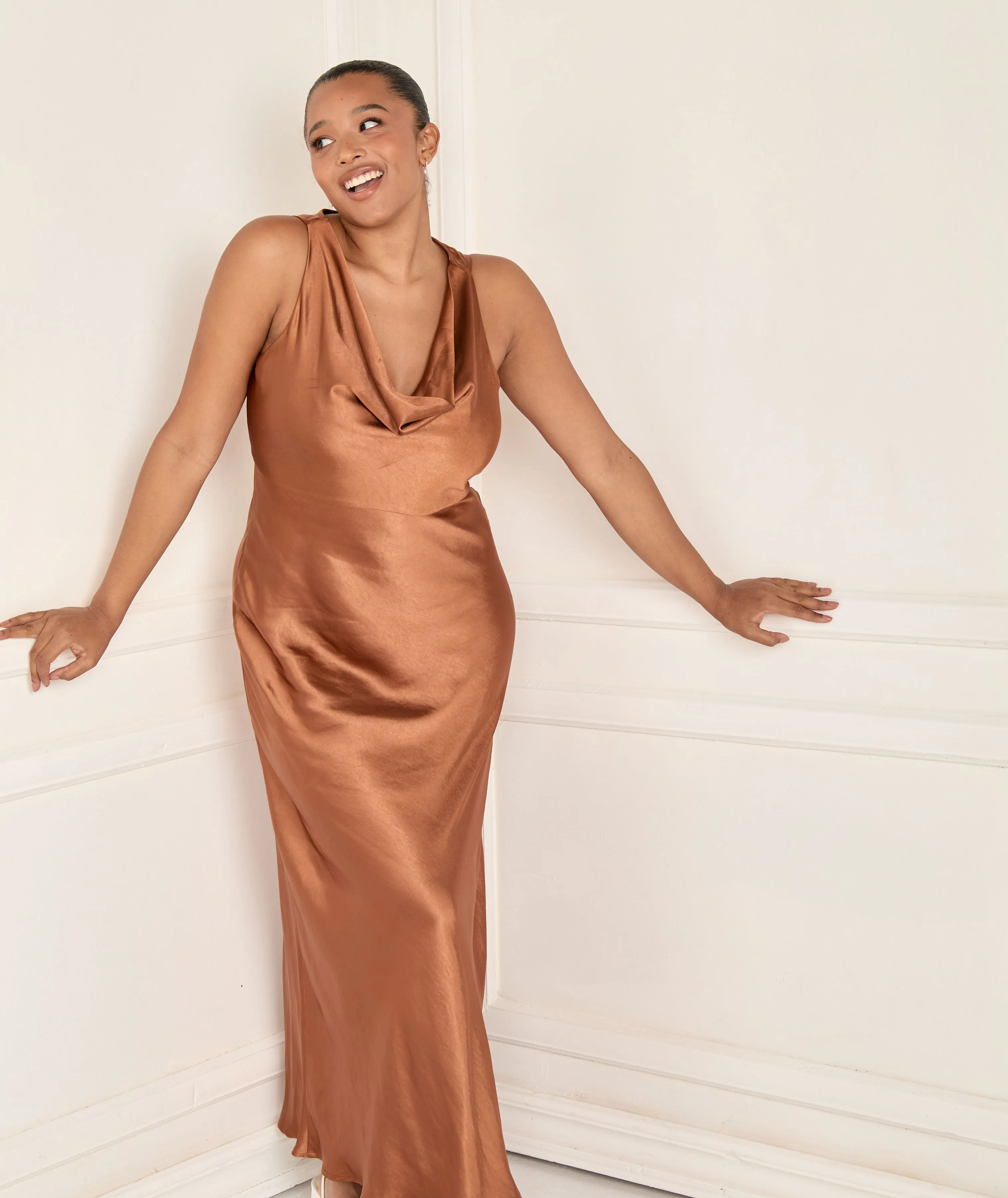 Cowl Front Satin Bridesmaid Dress - Rust