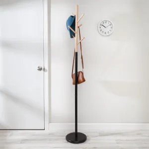 cozy Steel and Rubber Freestanding 6-Hook Coat Rack, Black/Natural