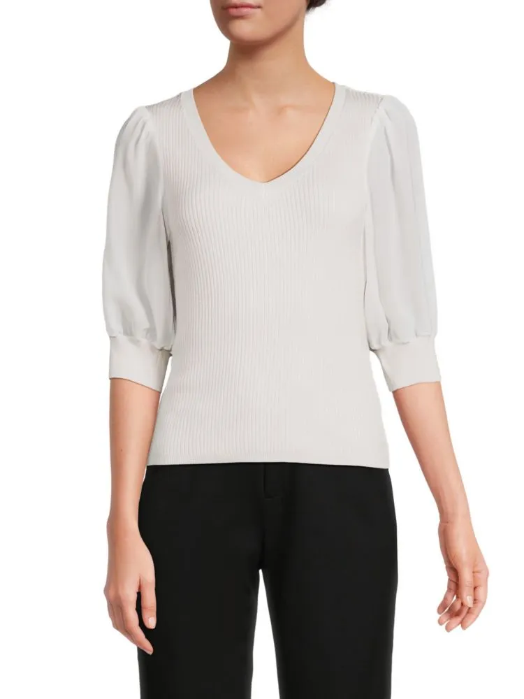 Design 365 Ribbed Puff Sleeve Sweater in Canvas