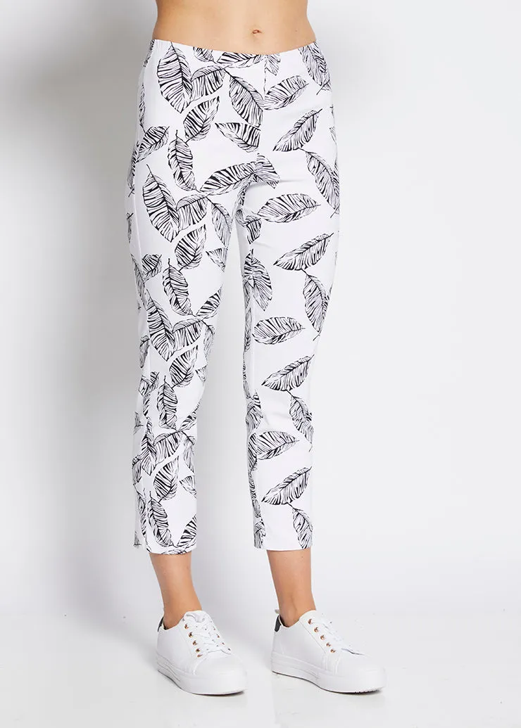 Easy printed bengaline 7/8 pant in White Leaf