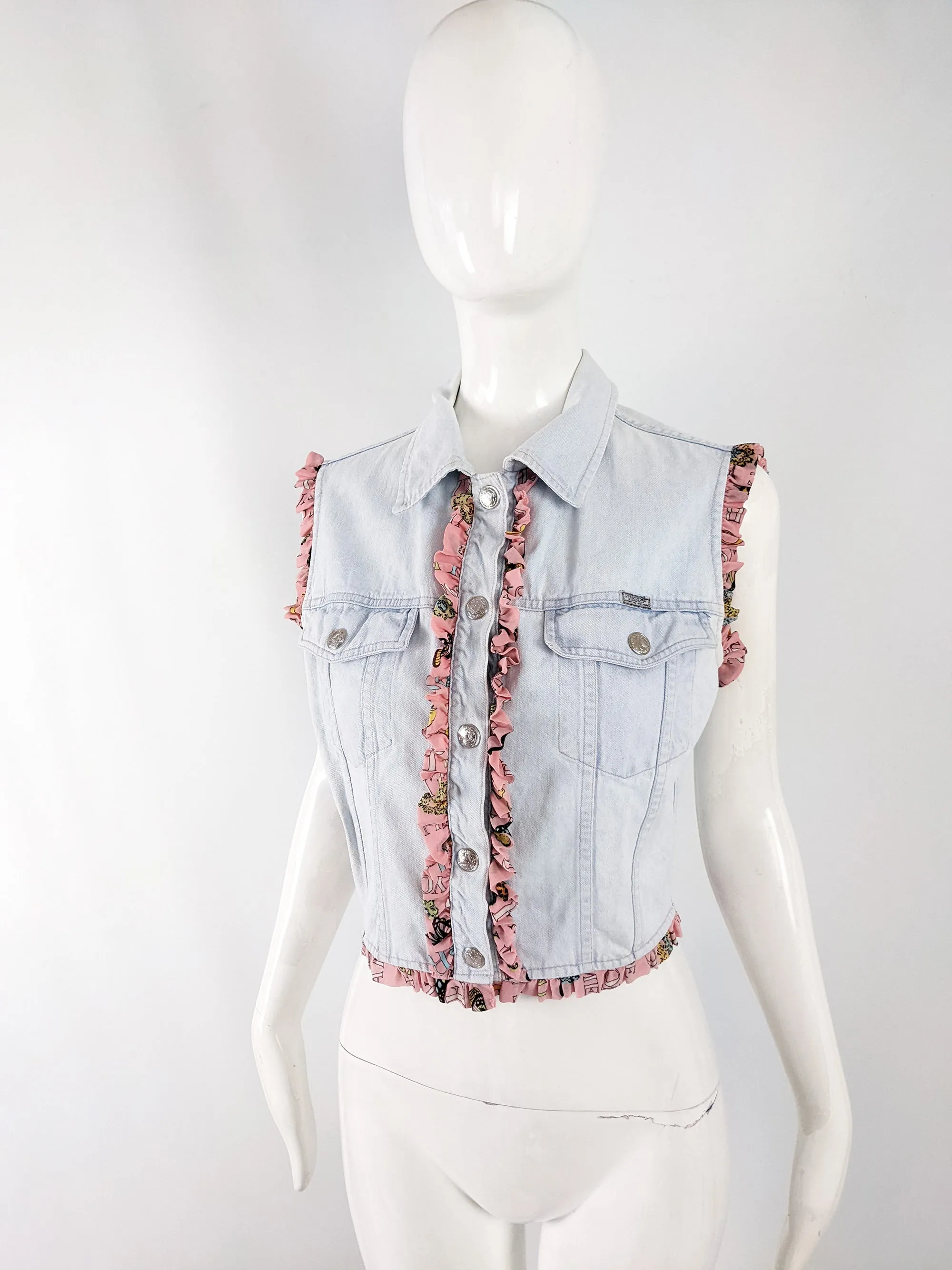 Fendissime Vintage Womens Ruffled Denim Vest Jacket, 1990s