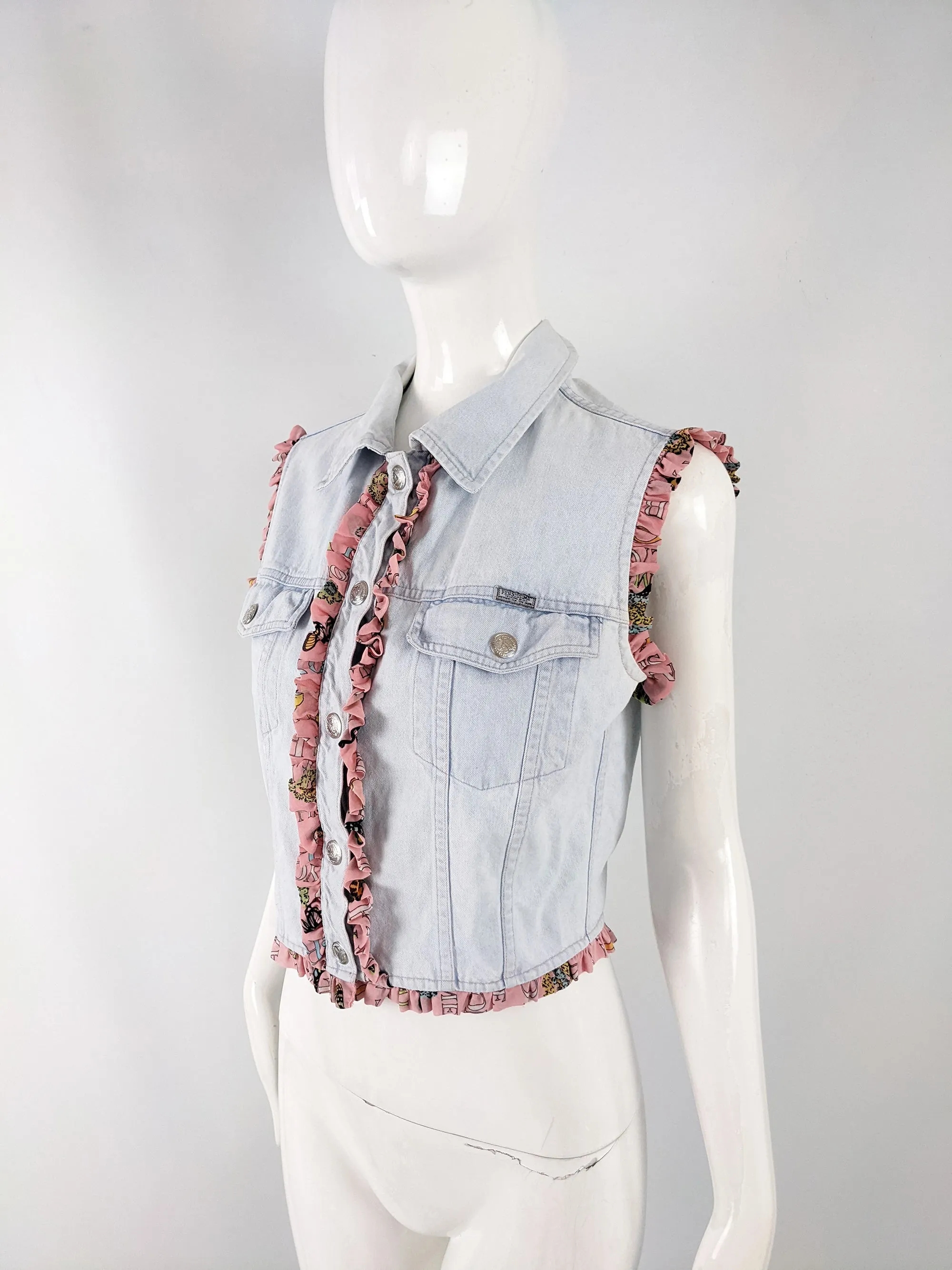 Fendissime Vintage Womens Ruffled Denim Vest Jacket, 1990s