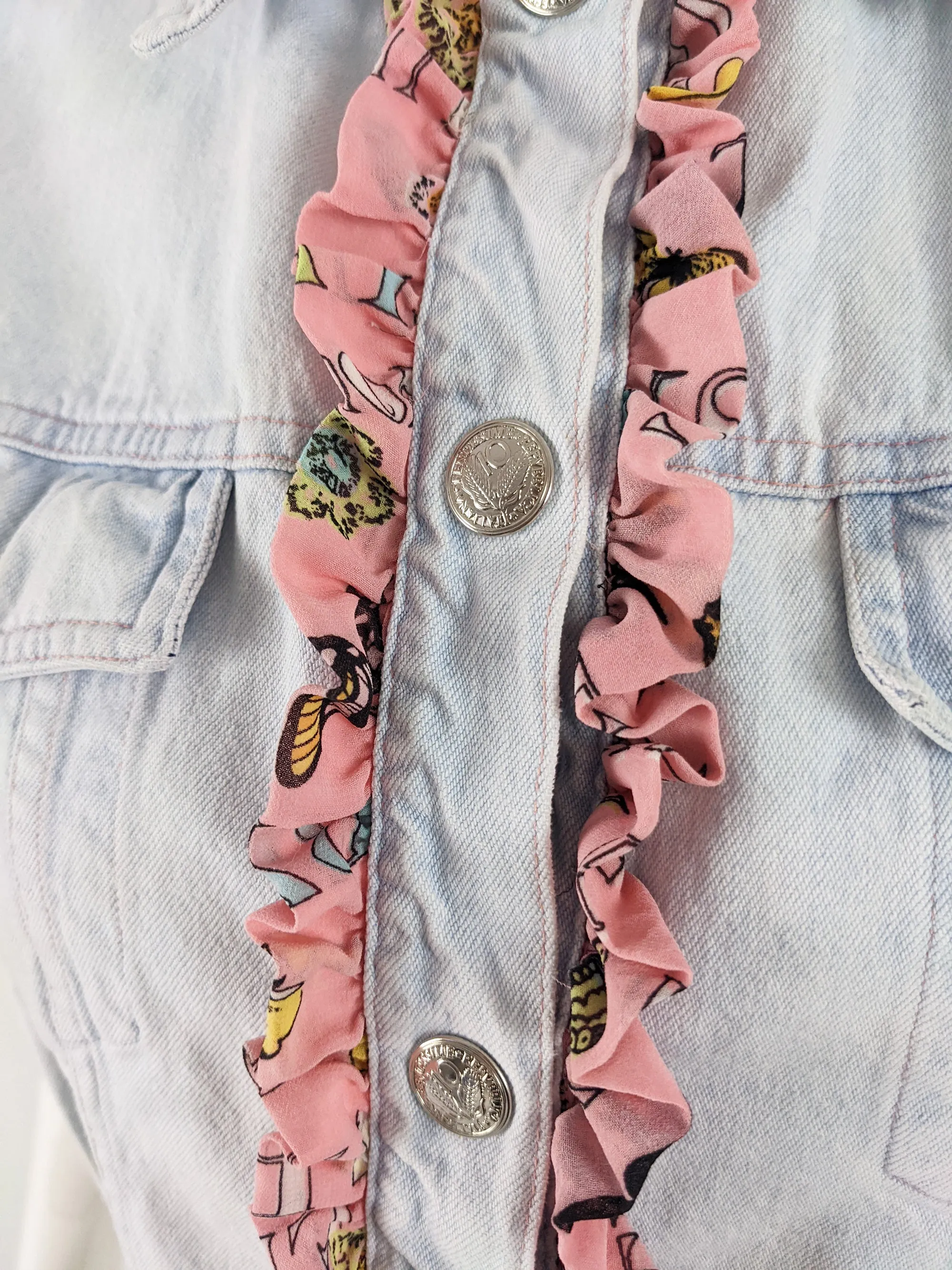 Fendissime Vintage Womens Ruffled Denim Vest Jacket, 1990s