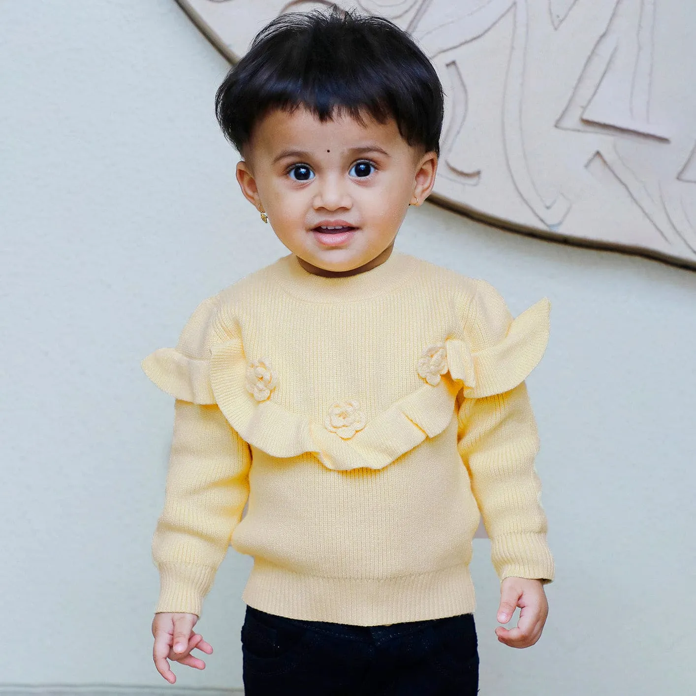 Flowers And Frills Premium Full Sleeves Knitted Sweater - Yellow