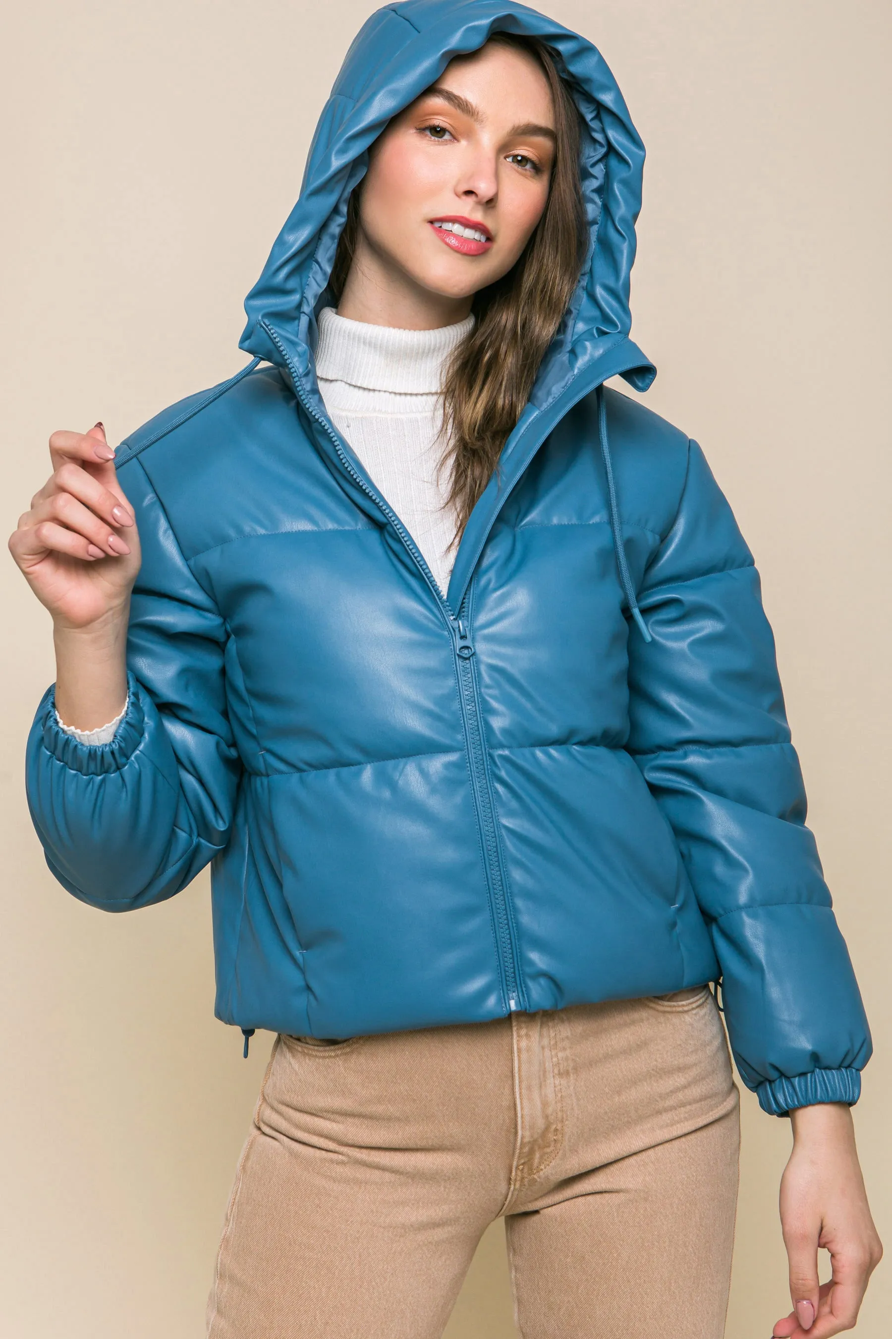 Hot Girl Faux Leather Zipper Hooded Puffer Jacket In Azure