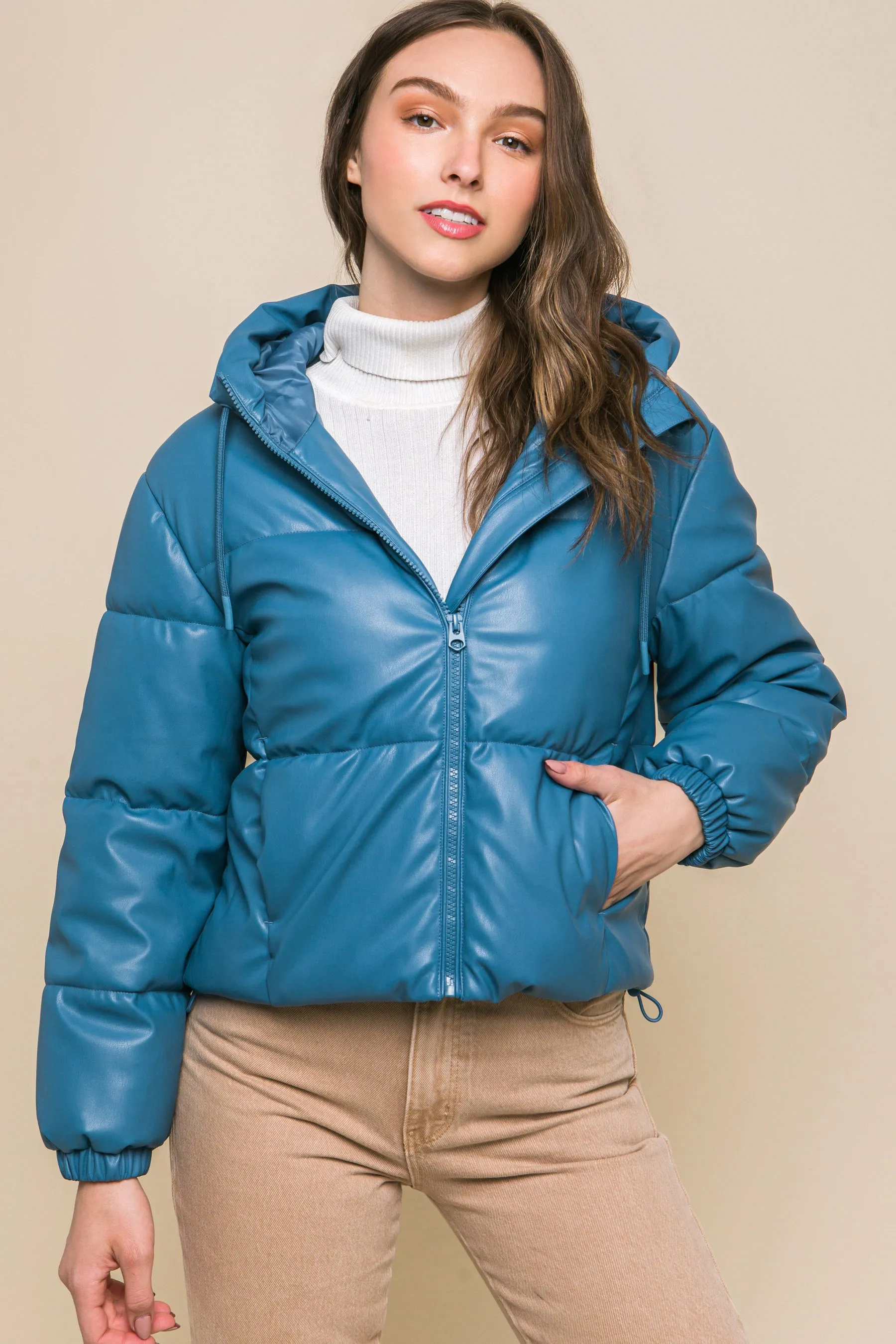 Hot Girl Faux Leather Zipper Hooded Puffer Jacket In Azure