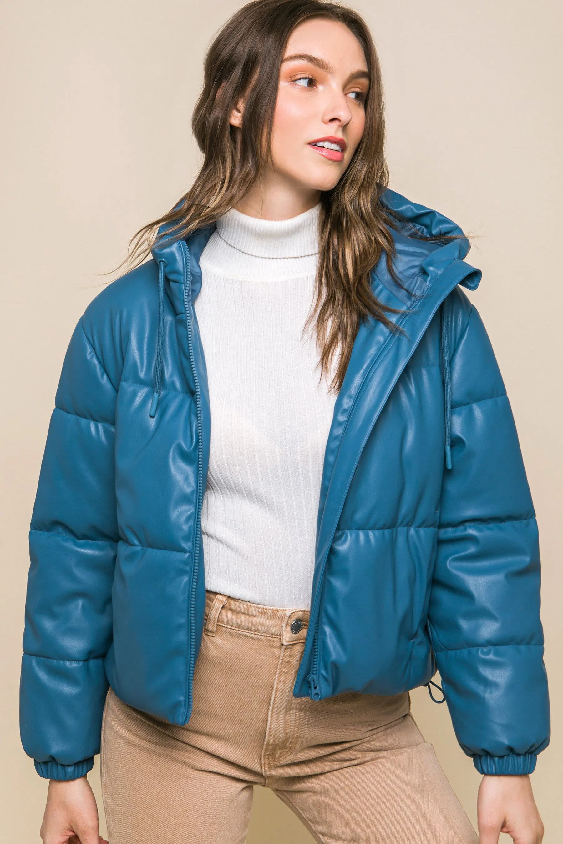 Hot Girl Faux Leather Zipper Hooded Puffer Jacket In Azure