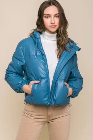 Hot Girl Faux Leather Zipper Hooded Puffer Jacket In Azure