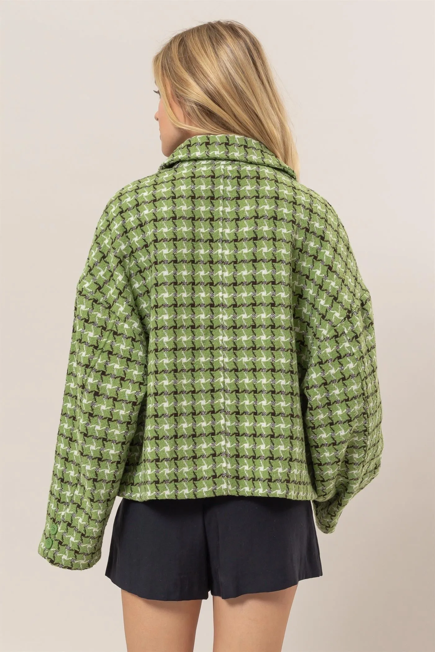 HYFVE Women Jacket Tweed Green Plaid Button Up Collared Neck Long Sleeve Outwear