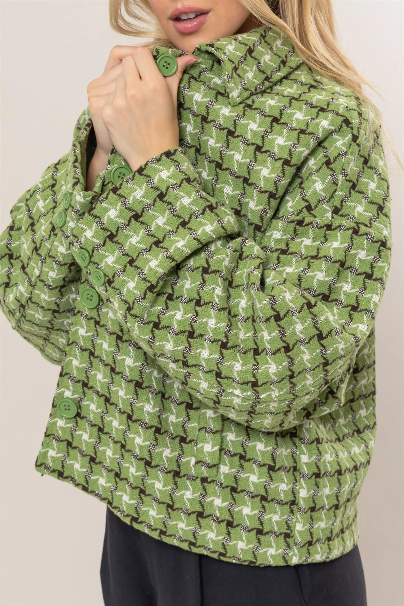 HYFVE Women Jacket Tweed Green Plaid Button Up Collared Neck Long Sleeve Outwear