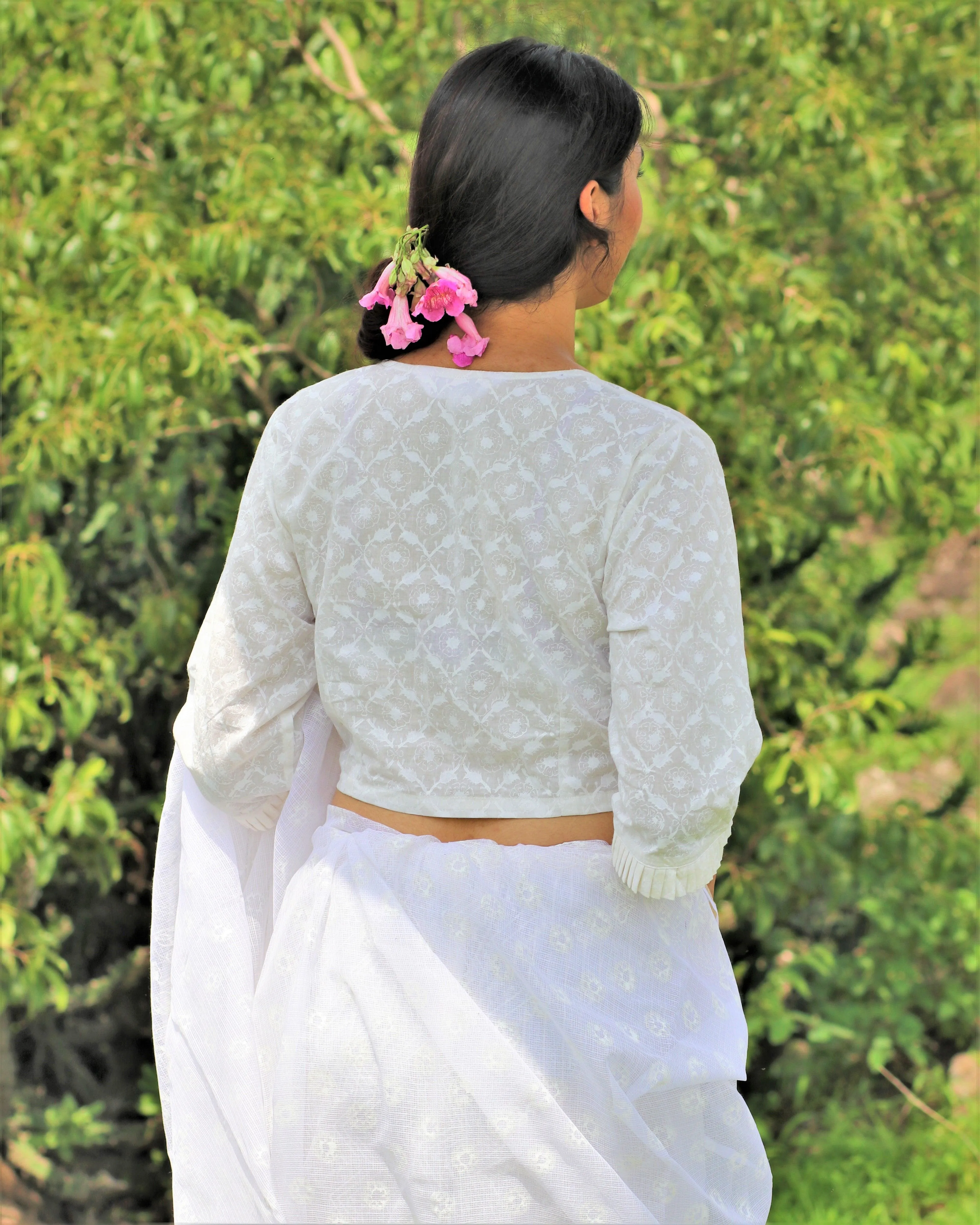 Ivory Pure Cotton Handprinted Blouse-Safed