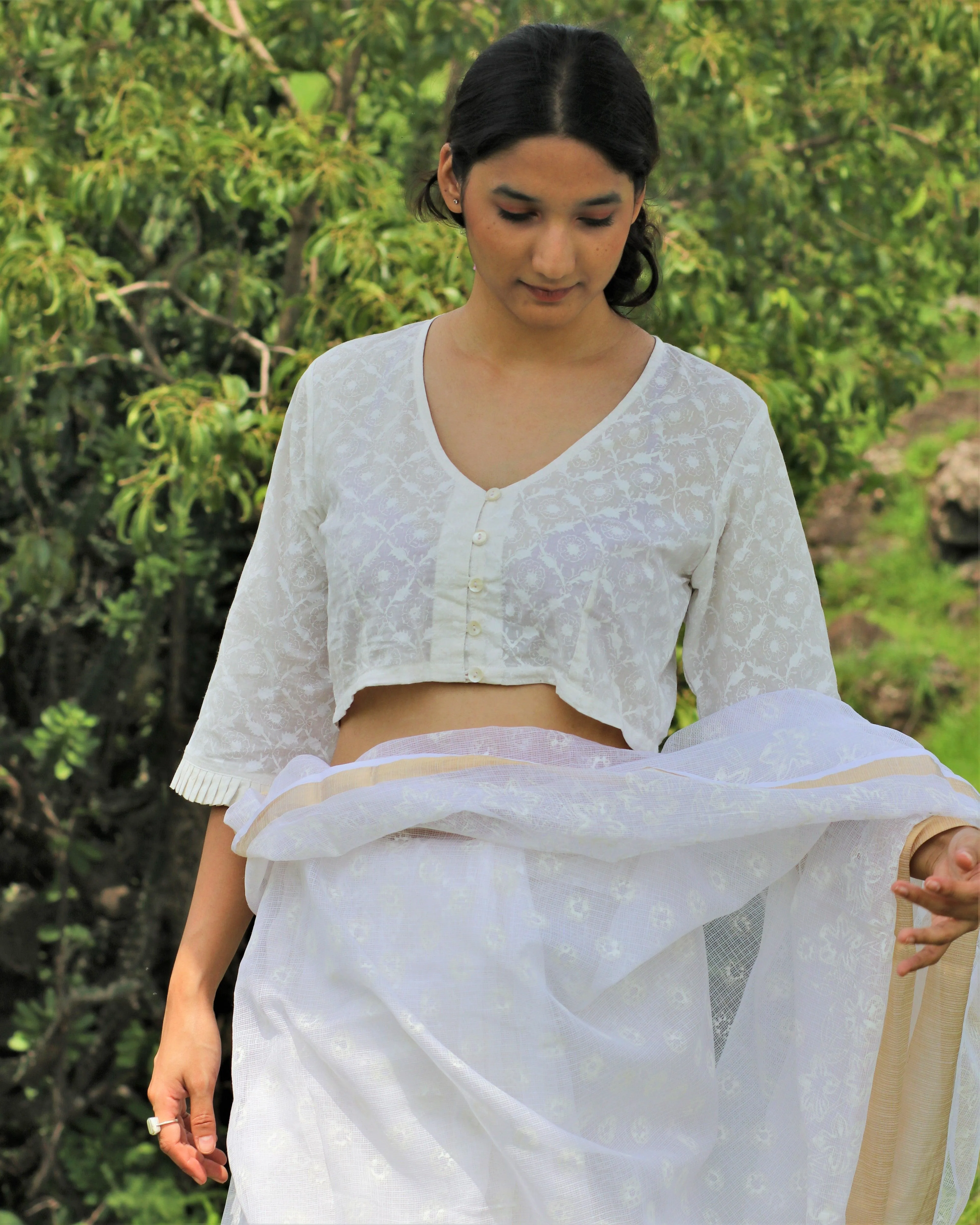 Ivory Pure Cotton Handprinted Blouse-Safed