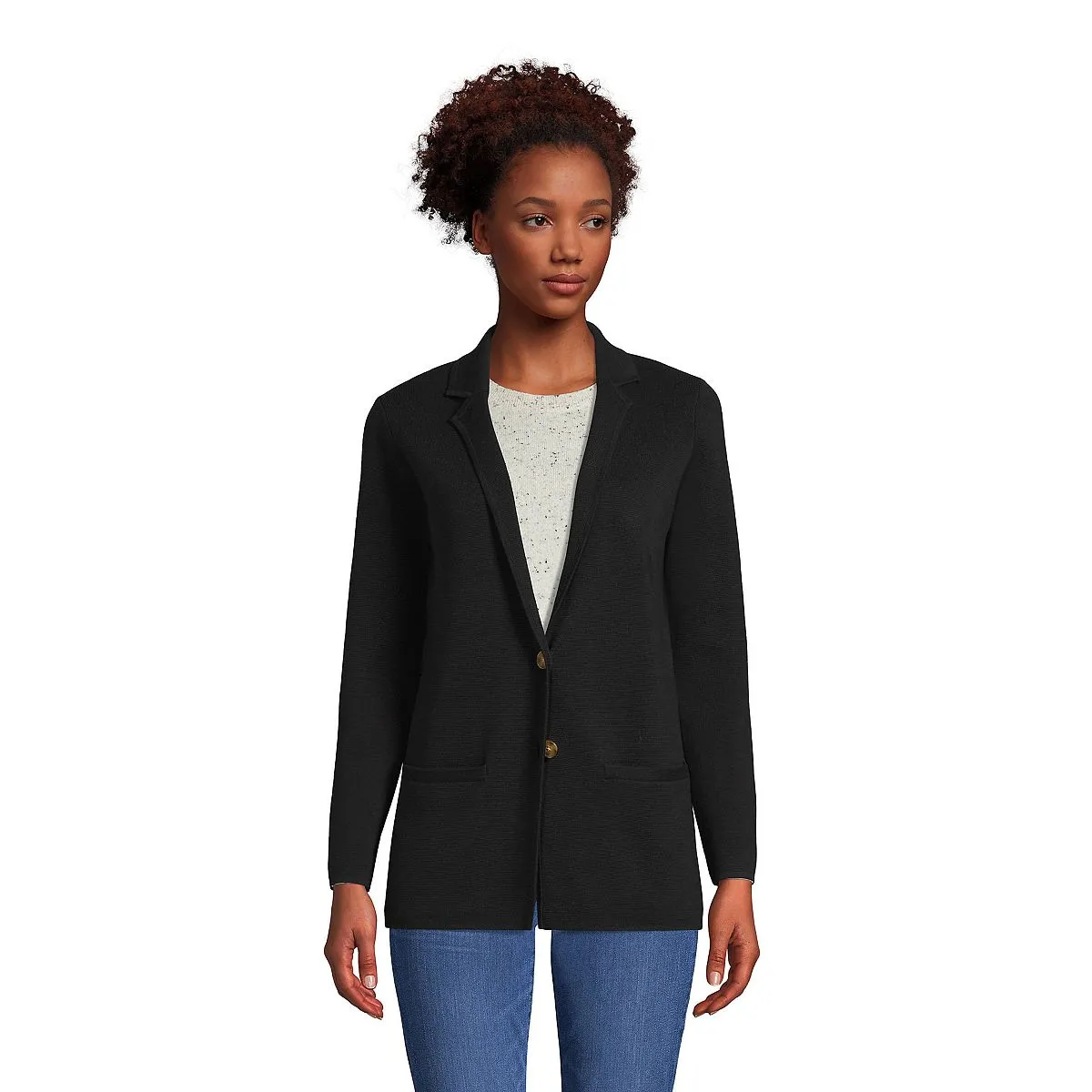 Lands' End Women's Slim Cotton Button Front Sweater Blazer, Black