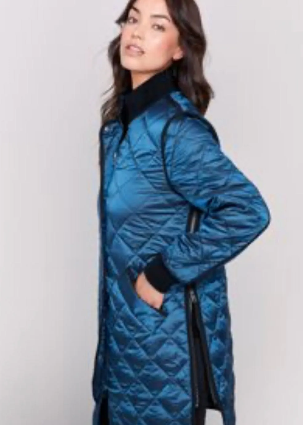 Long Quilted Iridescent Jacket in Peacock