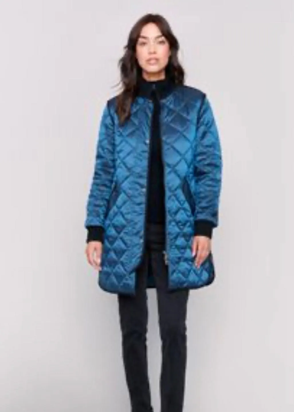 Long Quilted Iridescent Jacket in Peacock