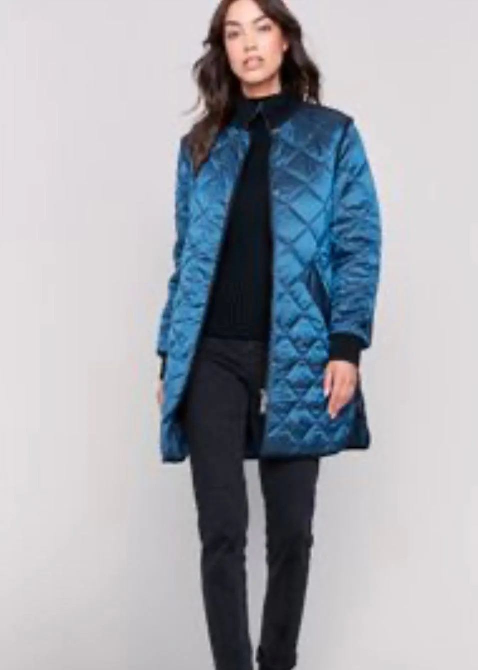 Long Quilted Iridescent Jacket in Peacock