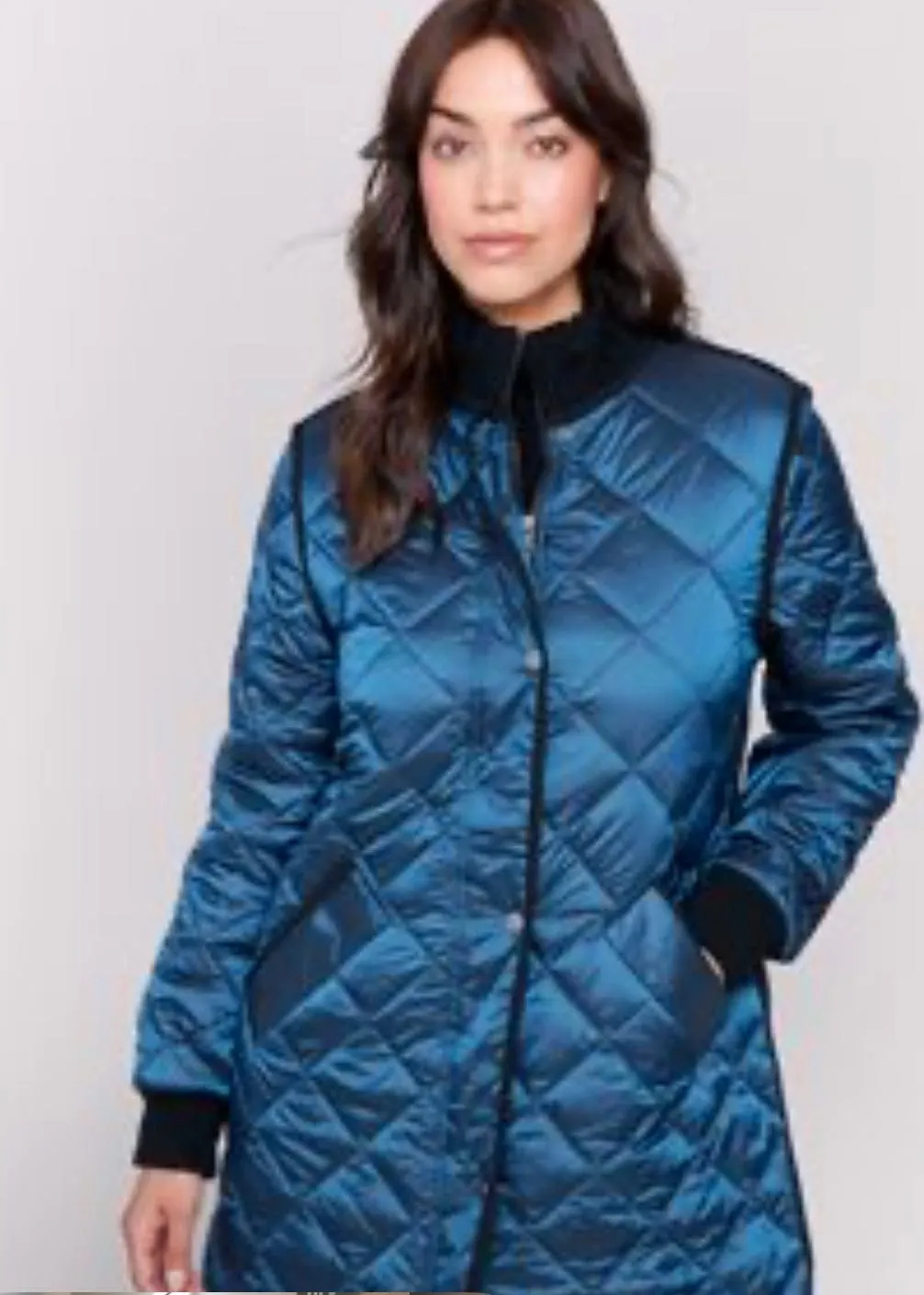 Long Quilted Iridescent Jacket in Peacock