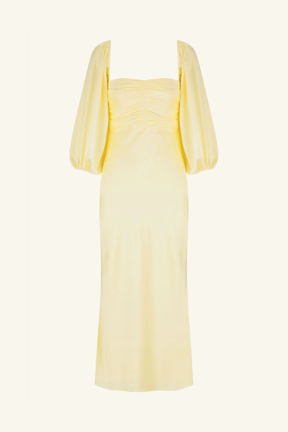 LUXE RUCHED BODICE LONG SLEEVE MIDI DRESS - LEMON