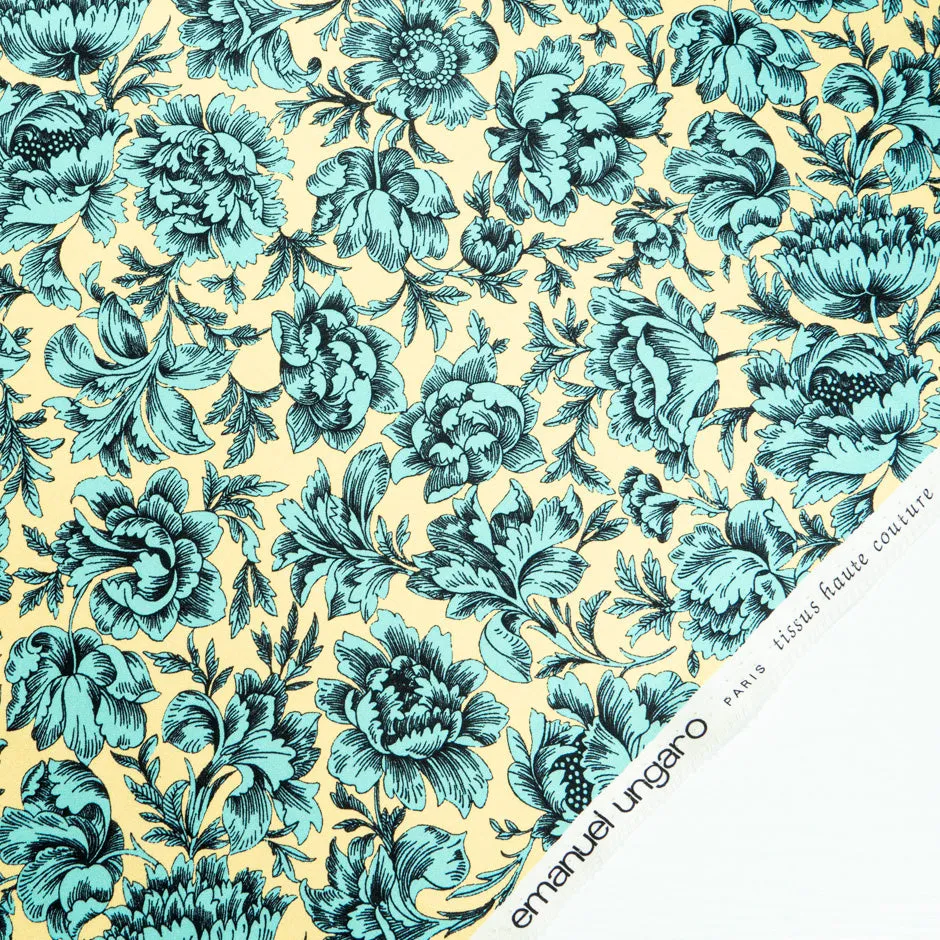 Mint Green Floral Printed Yellow Double Silk Crêpe