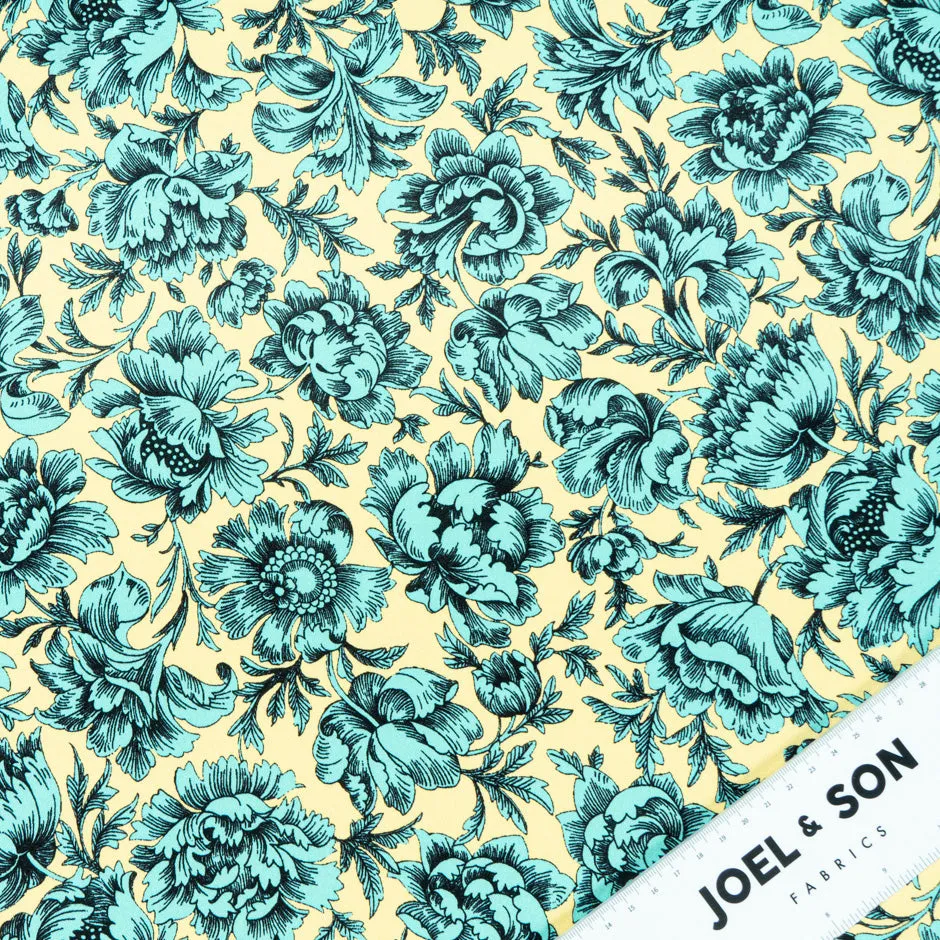 Mint Green Floral Printed Yellow Double Silk Crêpe