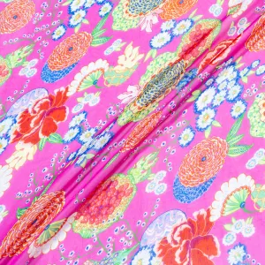 Multi-Coloured Floral Printed Rich Pink Pure Silk Chiffon