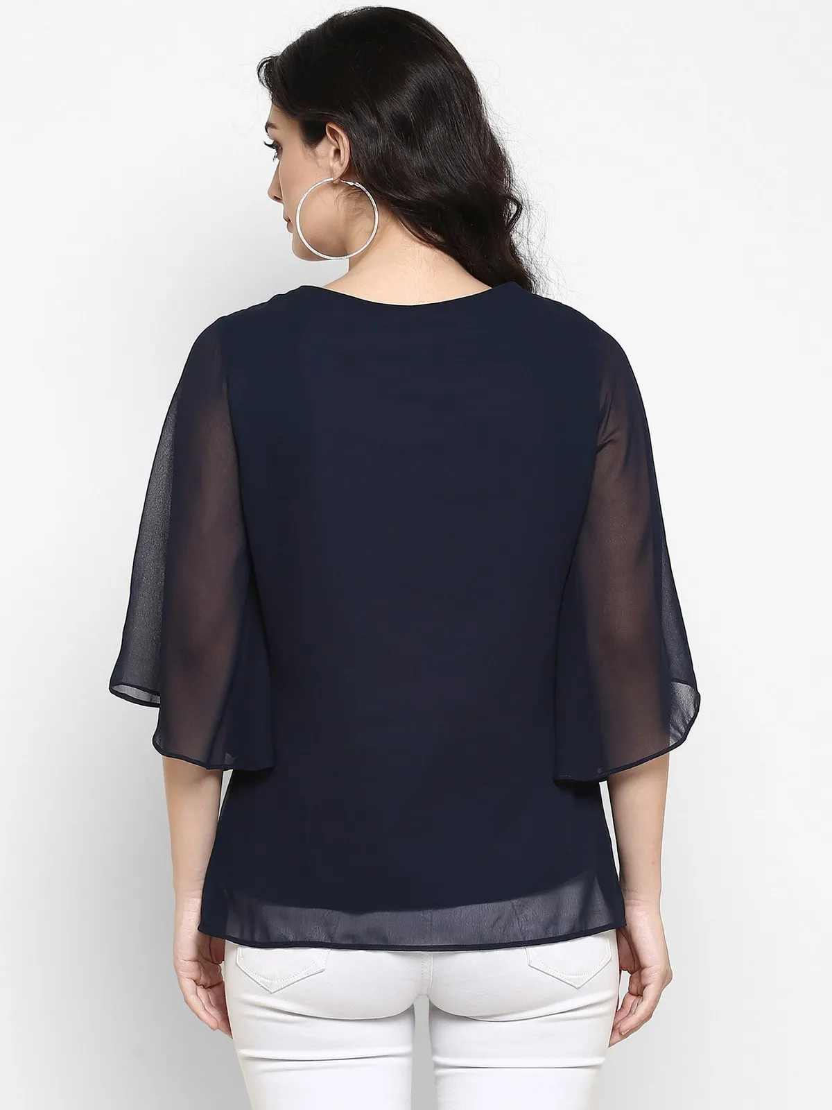 Navy Blue Embroidered Sheer Top