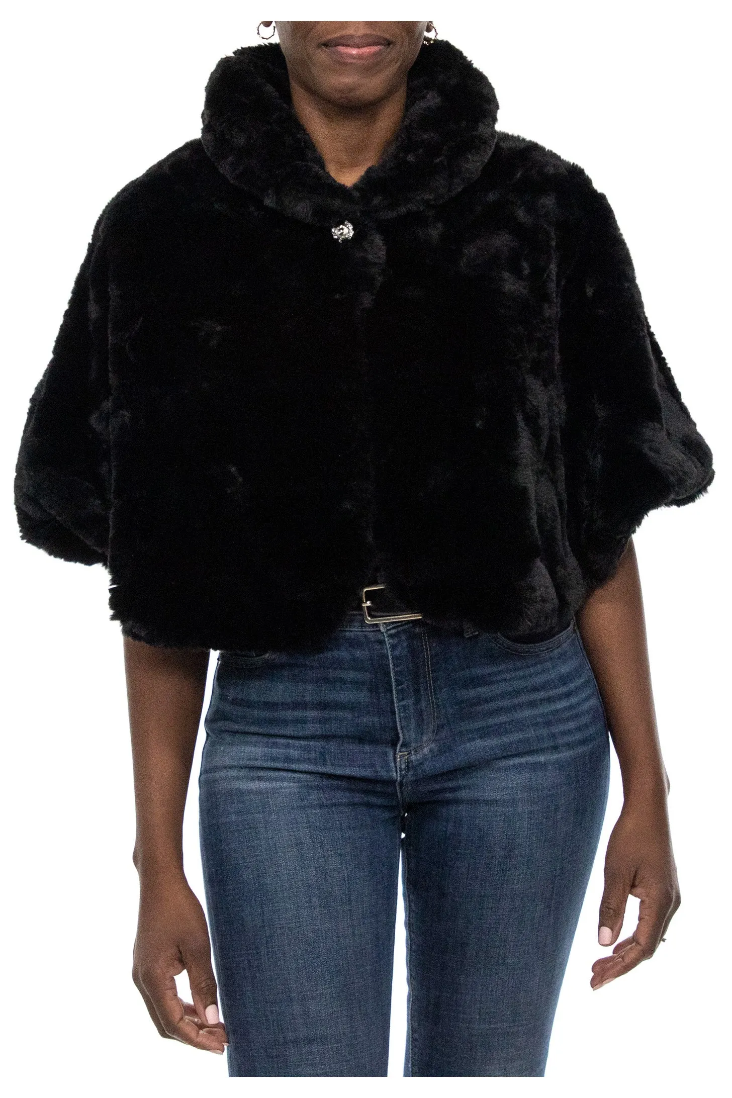 Nina Leonard Collared Cap Sleeve One Button Closure Solid Faux Fur Jacket